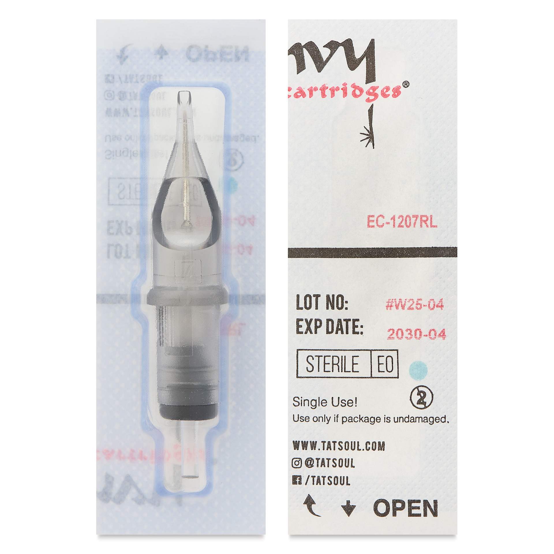 TatSoul Envy Standard Round Liner Long Taper Tattoo Needle Cartridge - #12, 7 Needles, Pkg of 10, front and back of individual packaging