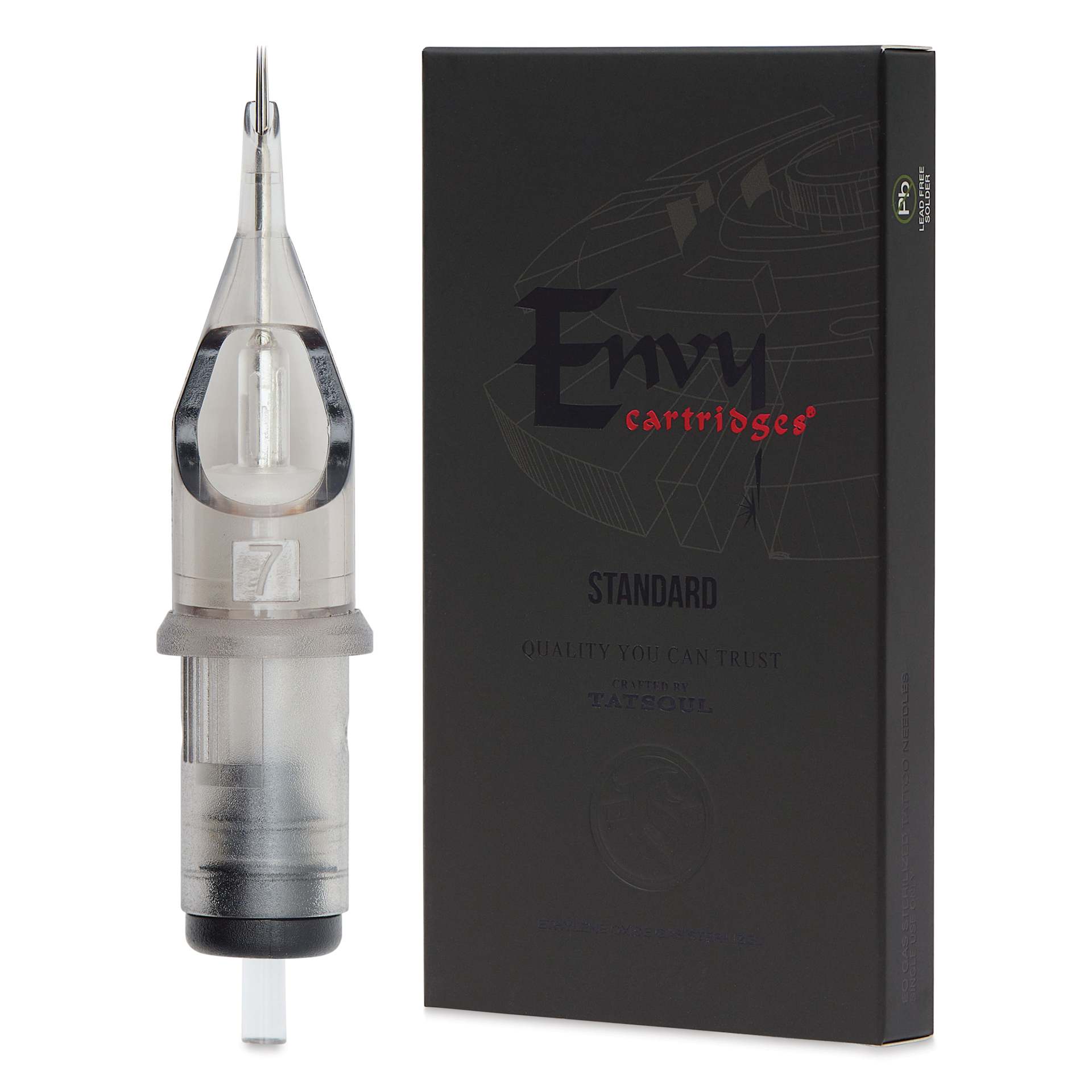 TatSoul Envy Standard Round Liner Long Taper Tattoo Needle Cartridge - #12, 7 Needles, Pkg of 10, needle and packaging