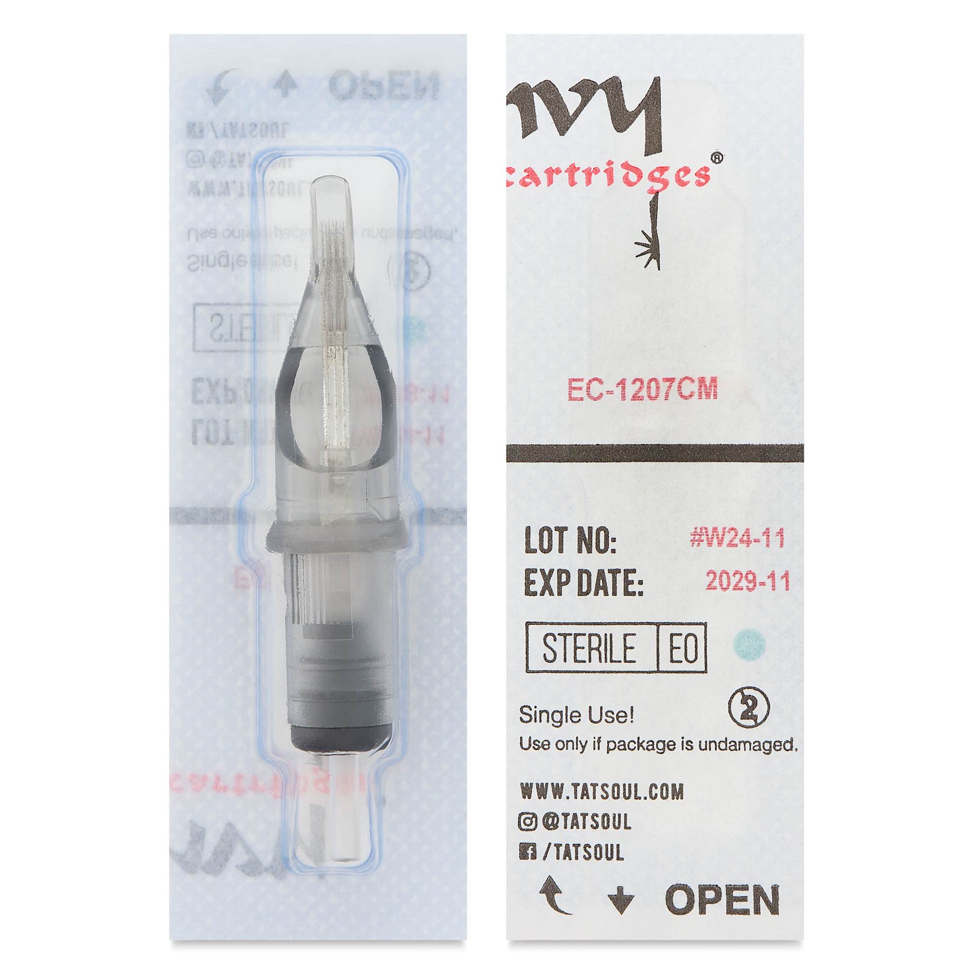 TatSoul Envy Standard Curved Magnum Long Taper Tattoo Needle Cartridge - #12, 7 Needles, Pkg of 10, front and back of individual packaging
