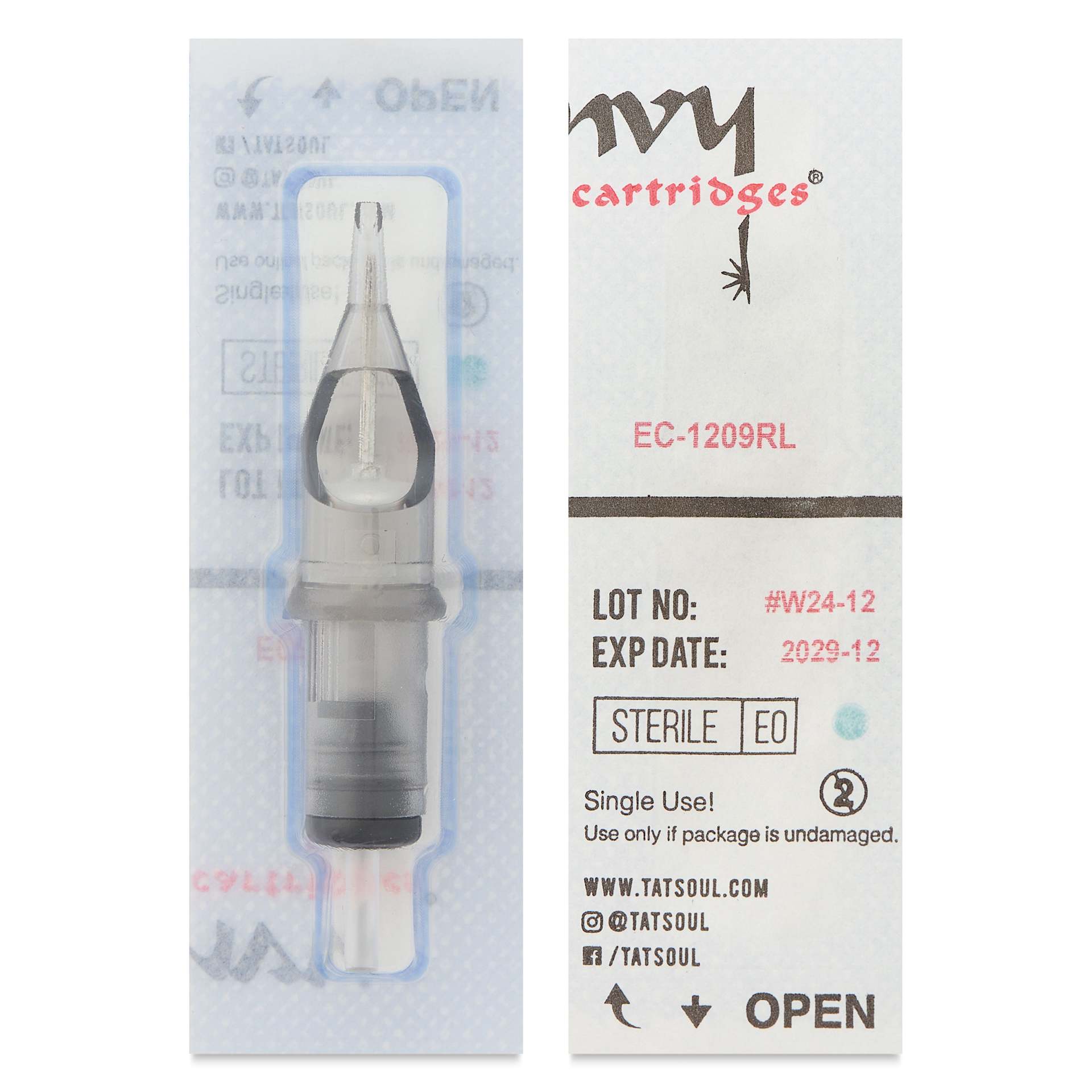 TatSoul Envy Standard Round Liner Long Taper Tattoo Needle Cartridge - #12, 9 Needles, Pkg of 10, front and back of individual packaging