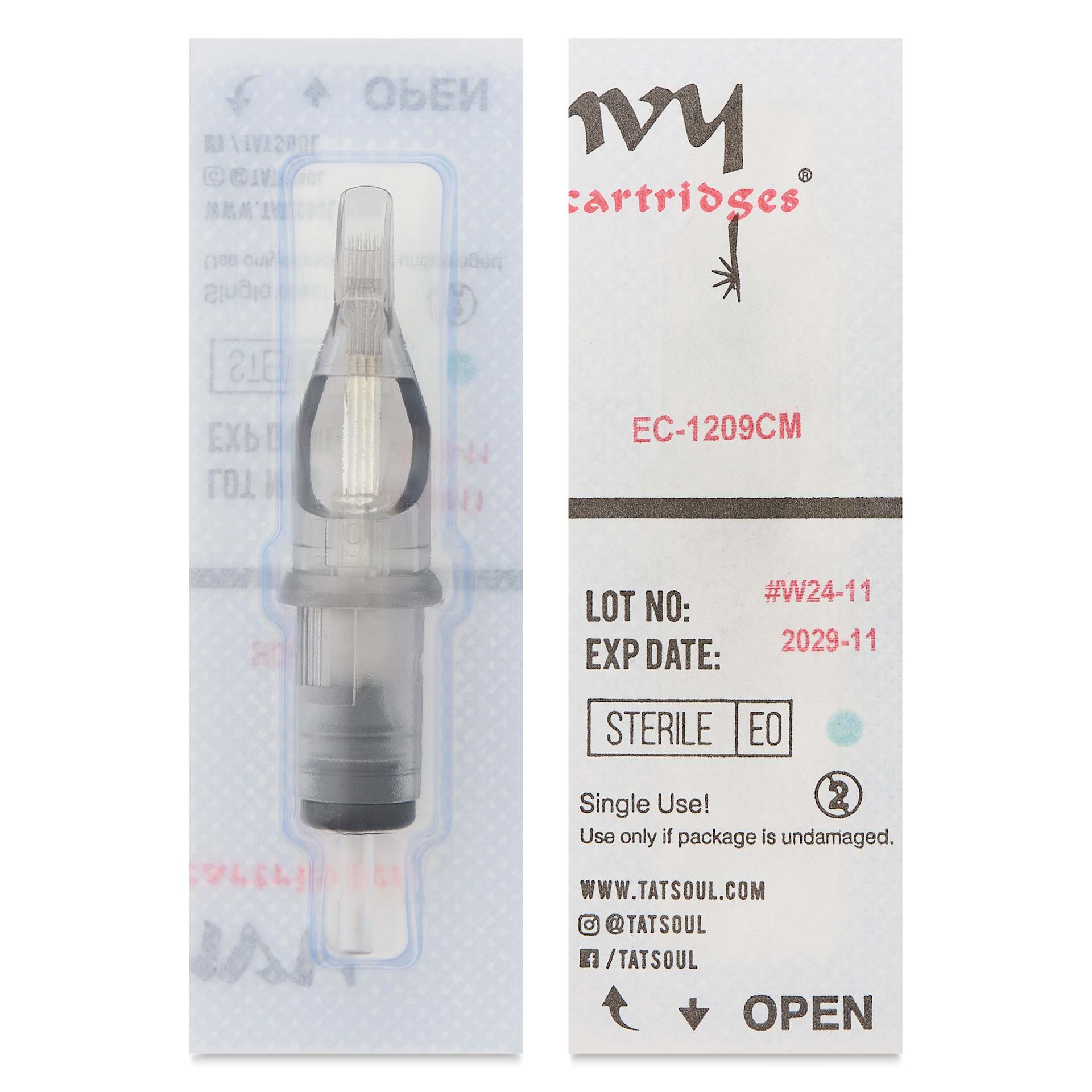 TatSoul Envy Standard Curved Magnum Long Taper Tattoo Needle Cartridge - #12, 9 Needles, Pkg of 10, front and back of individual packaging
