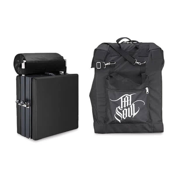 TatSoul X Mini Portable Lightweight Tattoo Table, folded up next to carry bag