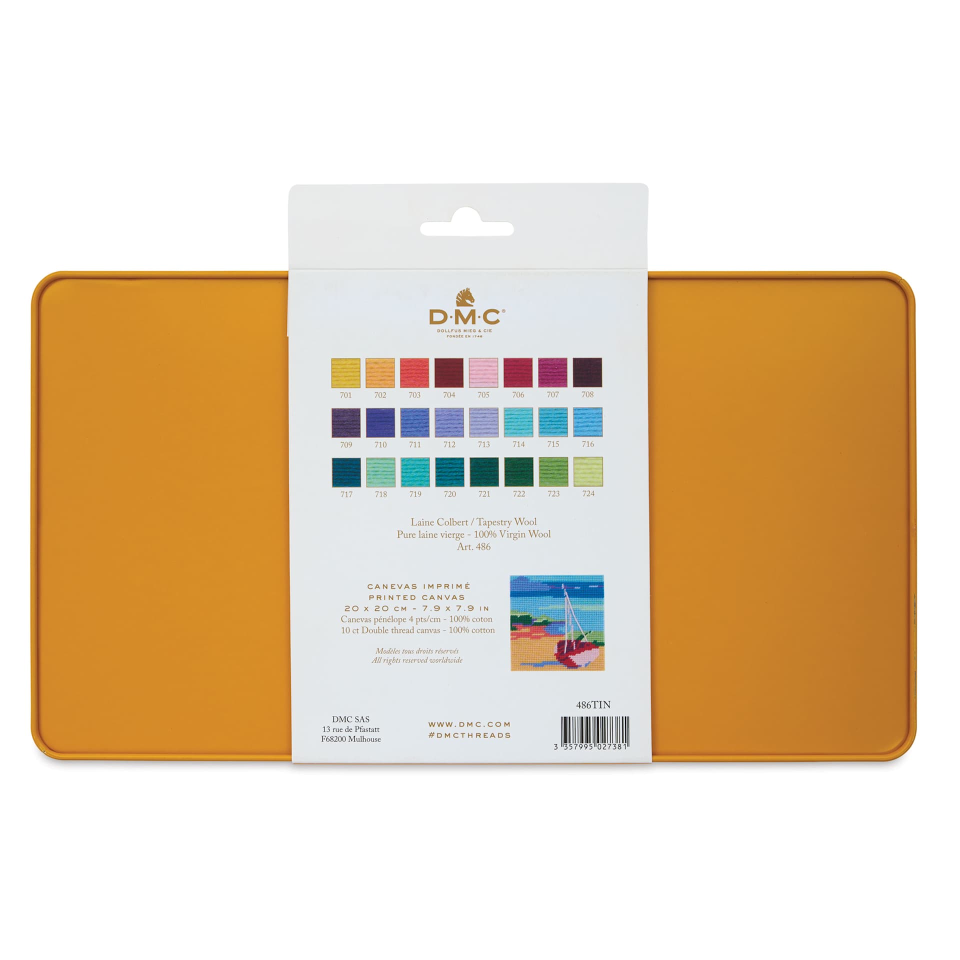 DMC Tapestry Wool Collector's Tin - Set of 24, Assorted Colors back of packaging