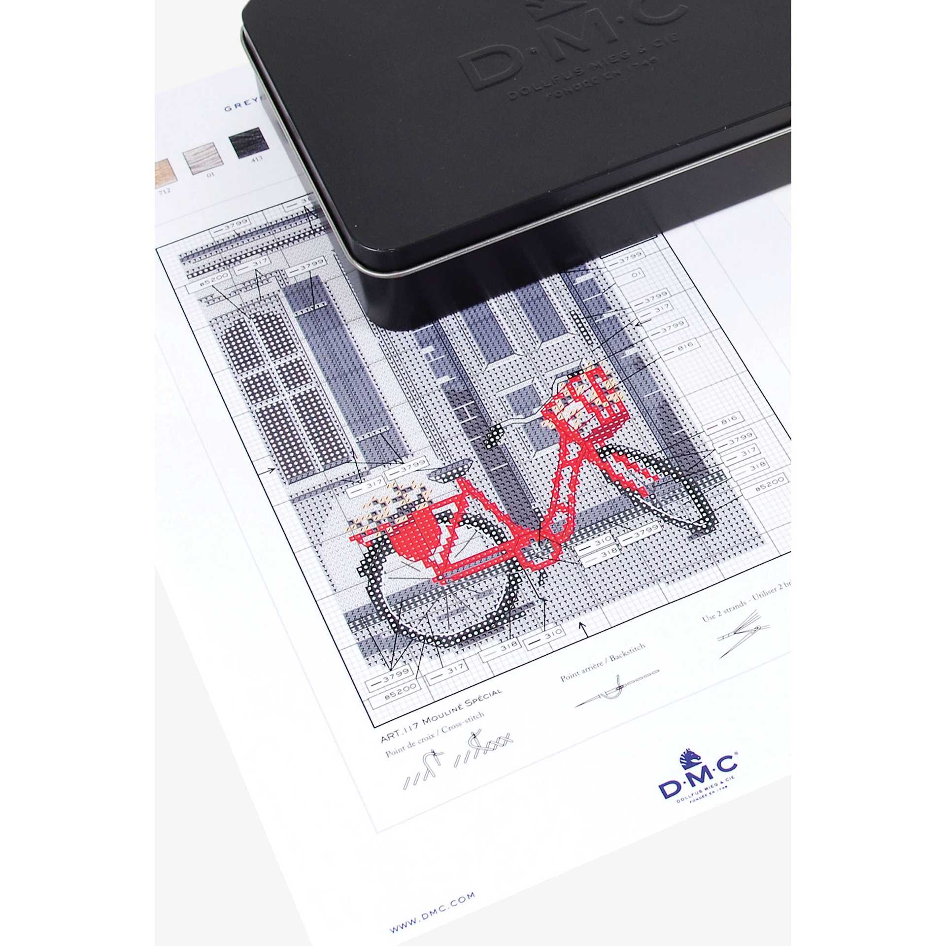 DMC Black Monochrome Tin Embroidery Floss - Set of 24, Assorted Colors - bicycle by door pattern under tin