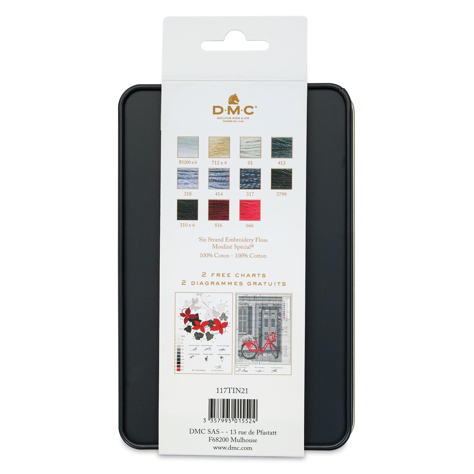DMC Black Tin Embroidery Floss - Set of 24, Monochrome Colors - back of packaging