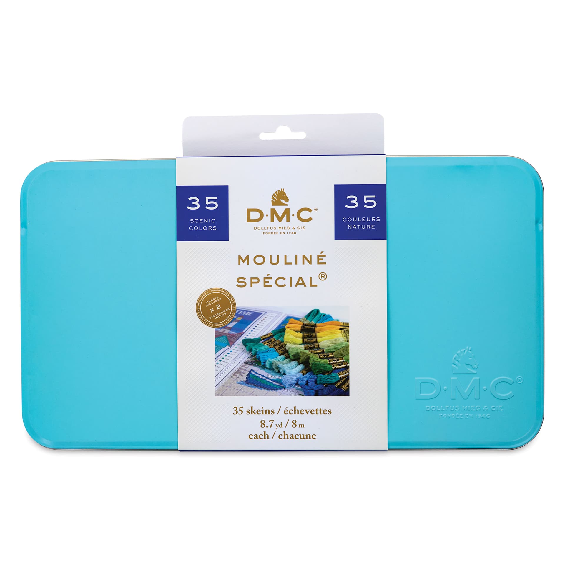 DMC Mouliné Special Collector’s Blue Tin Embroidery Floss - Set of 35, Scenic Colors front of packaging