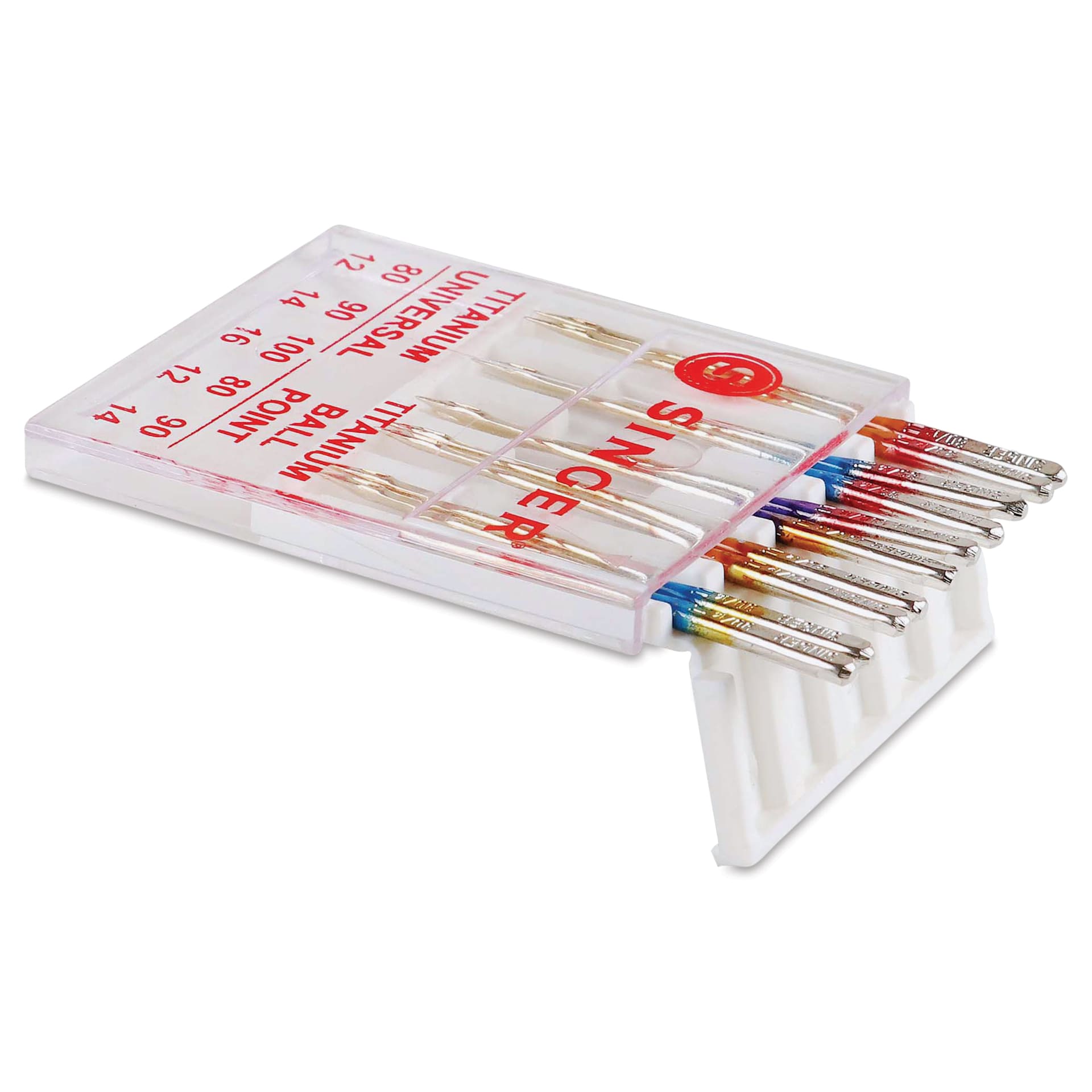Singer Sewing Machine Needles - Titanium-Coated Universal and Ball Point, Assorted, Pkg of 10 being pulled from case