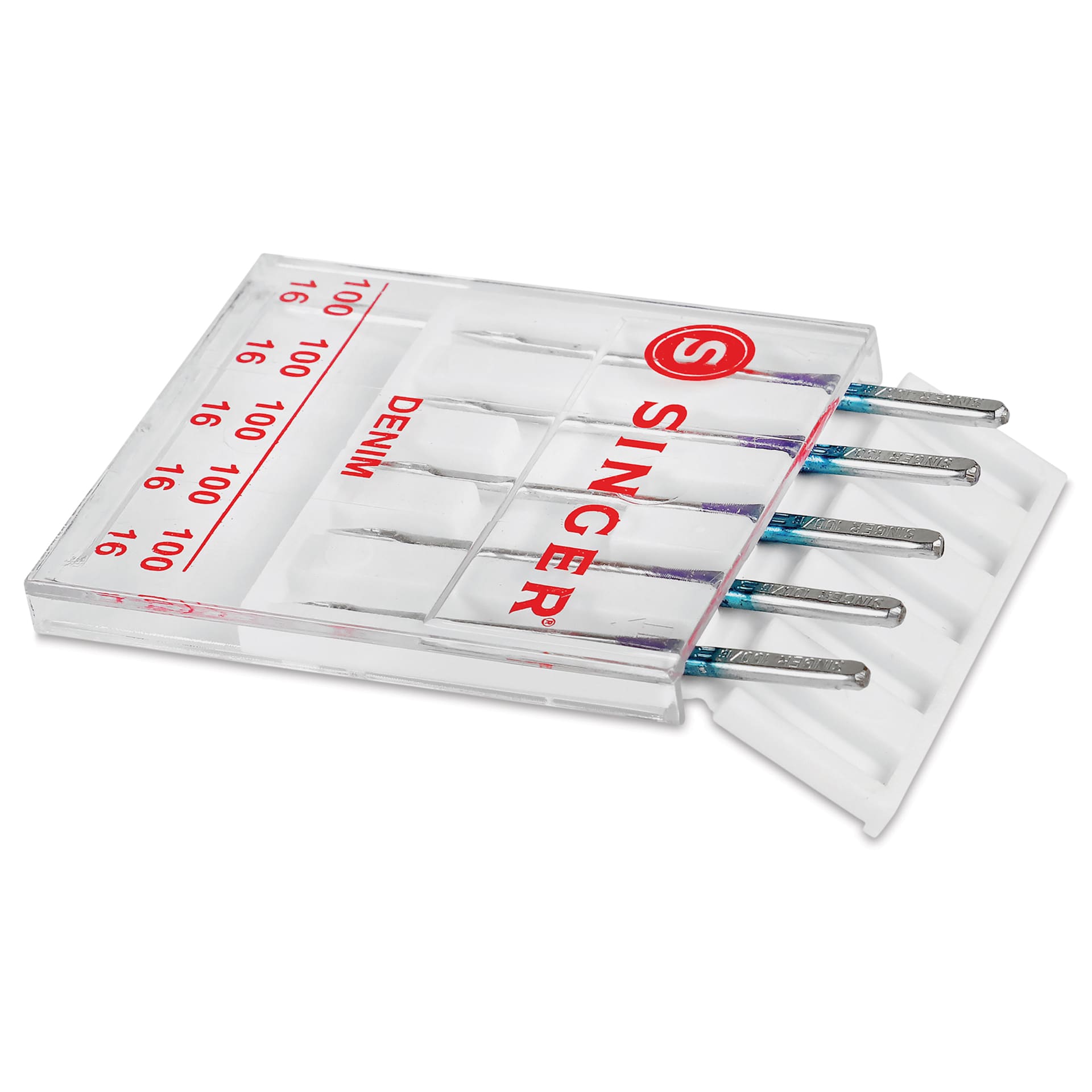 Singer Sewing Machine Needles - Denim, 100, Pkg of 5 being pulled from case