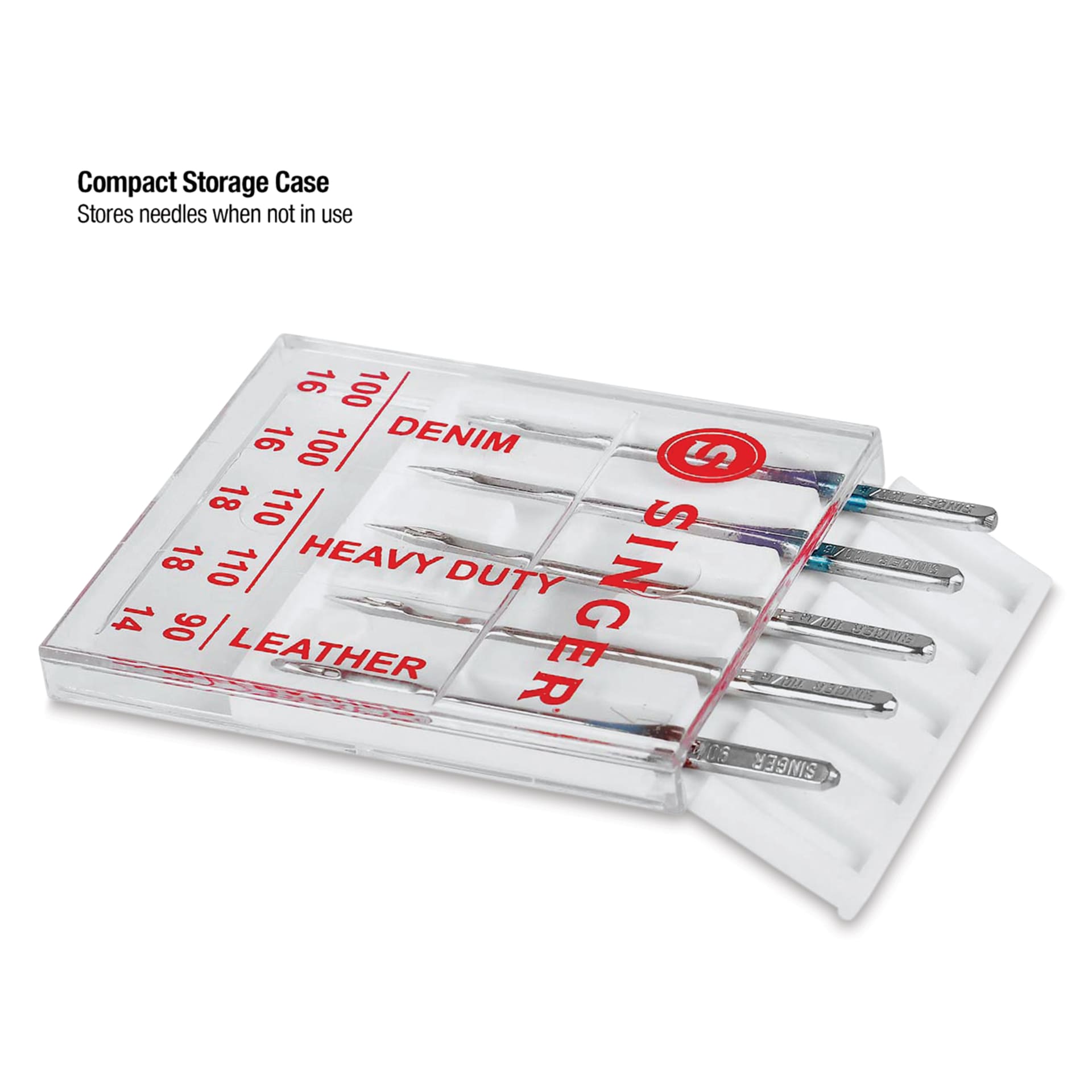 Singer Sewing Machine Needles - Heavy Duty Universal, Assorted, Pkg of 5 being pulled from case