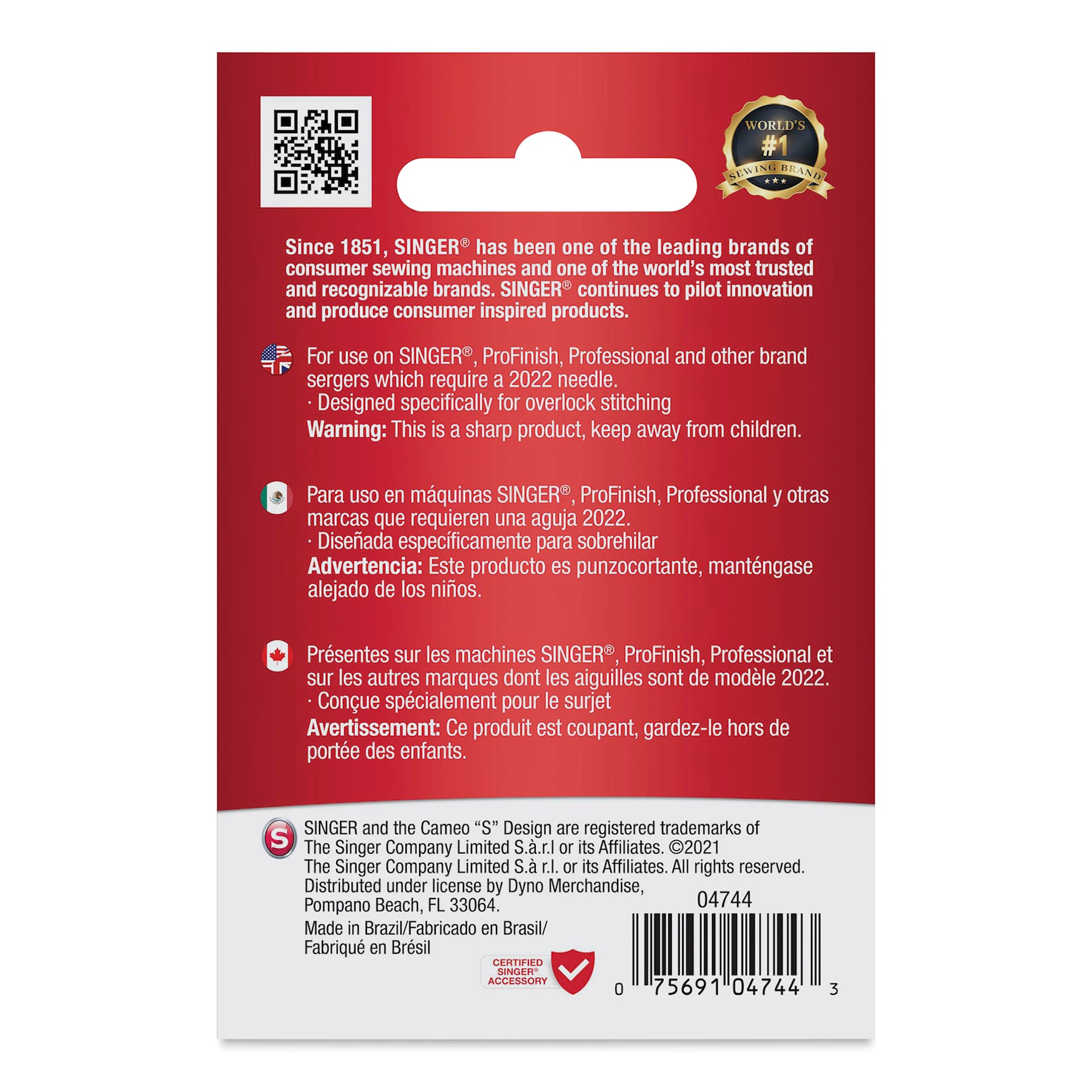 Singer Sewing Machine Needles - Overlock, 80/12, Pkg of 5, back of the packaging