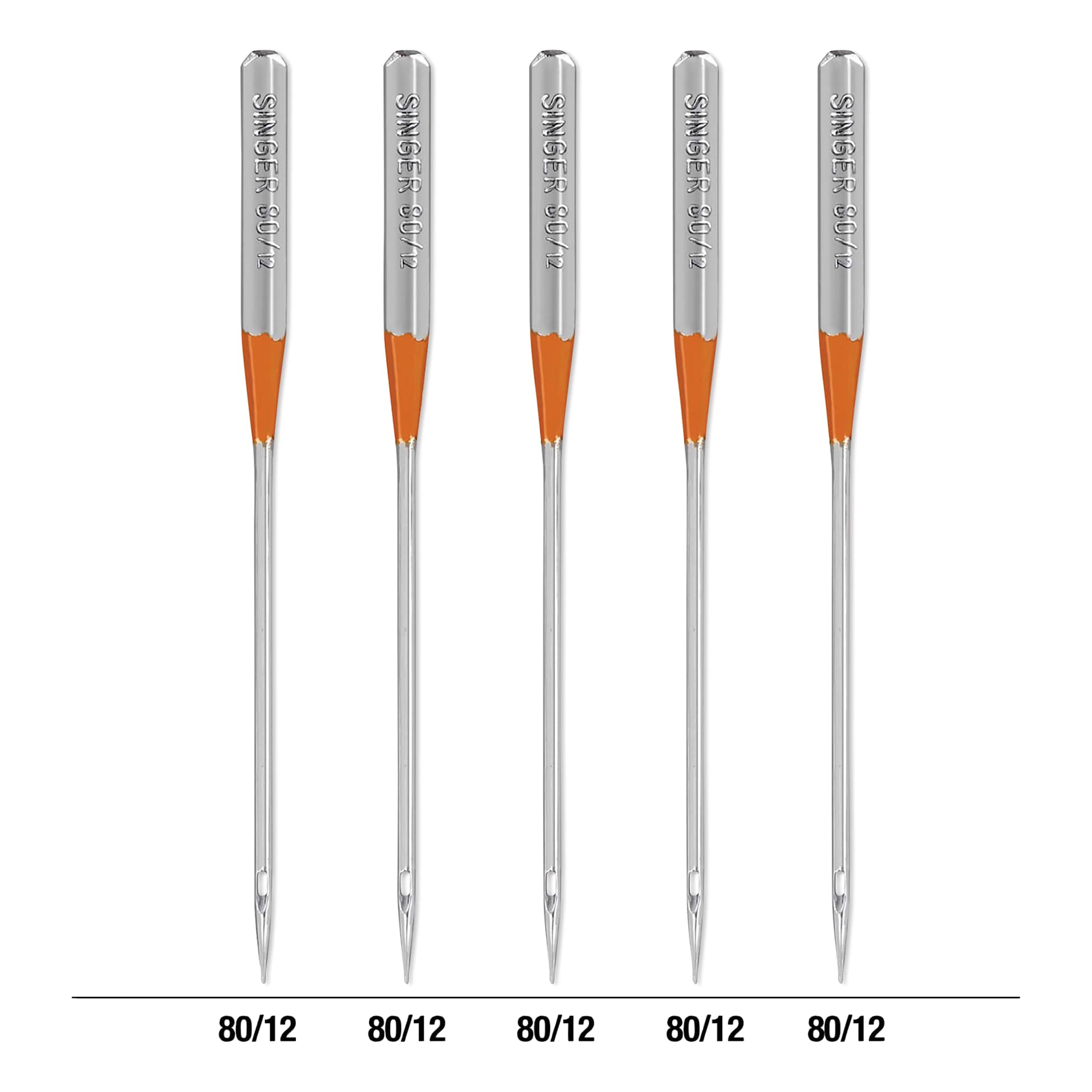 Singer Sewing Machine Needles - Overlock, 80/12, Pkg of 5, displaying measurements