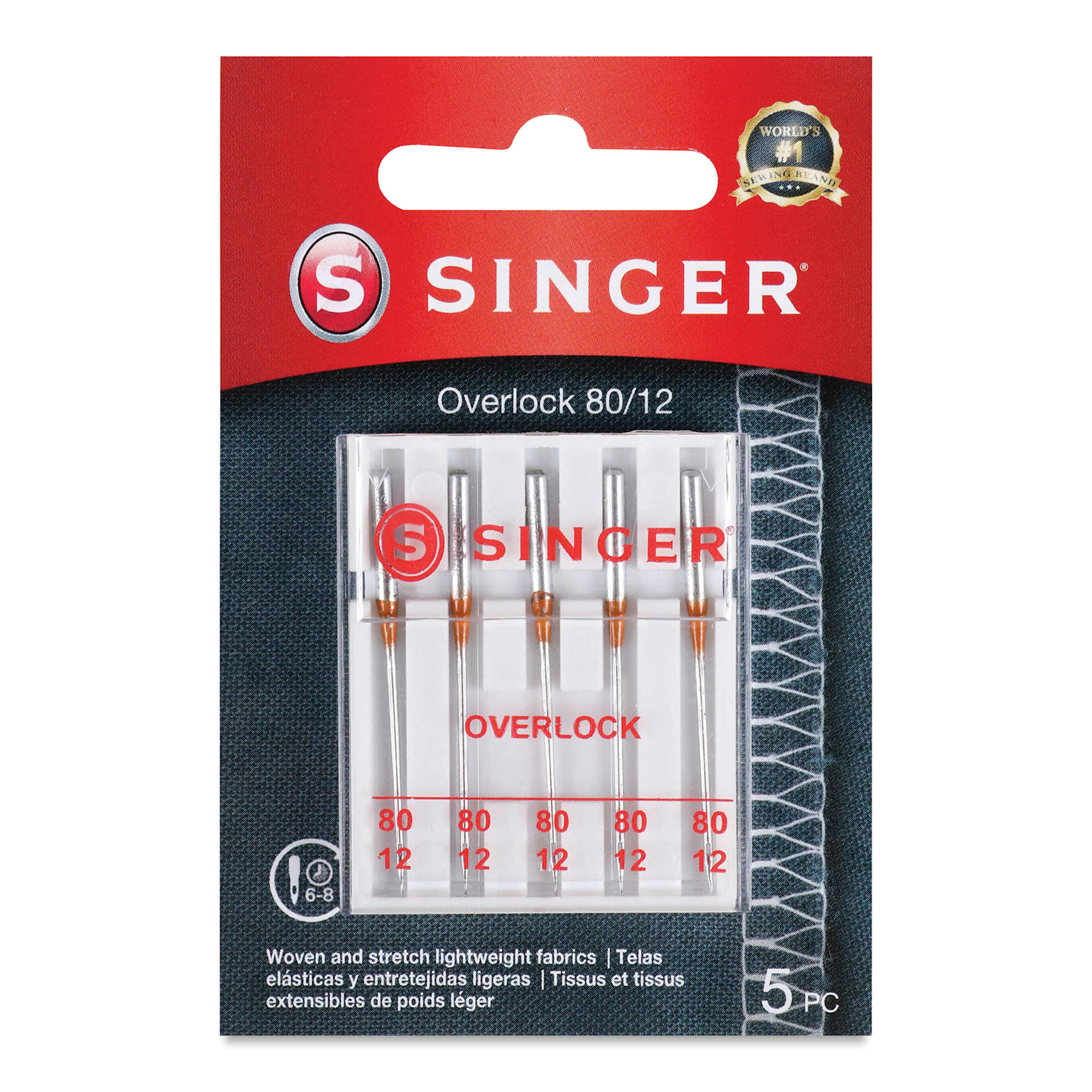 Singer Sewing Machine Needles - Overlock, 80/12, Pkg of 5, front of the packaging