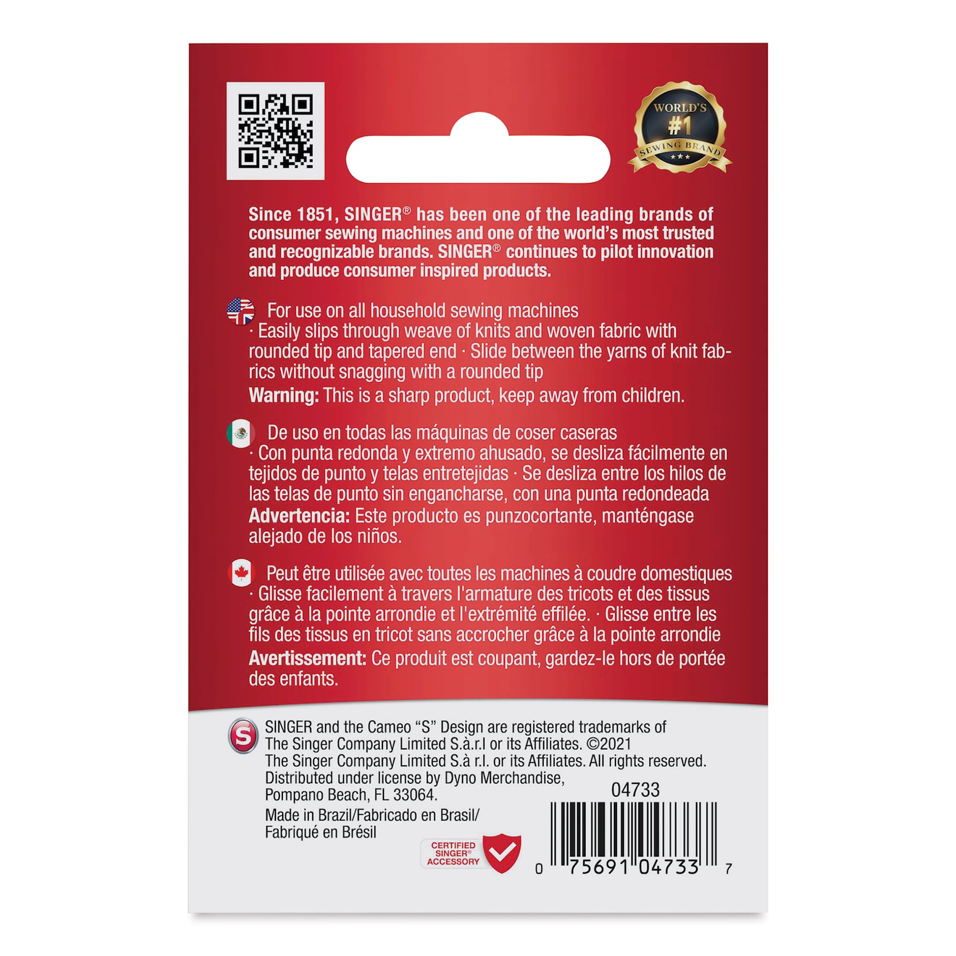 Singer Sewing Machine Needles - Universal and Ball Point, Assorted, Pkg of 10, back of the packaging