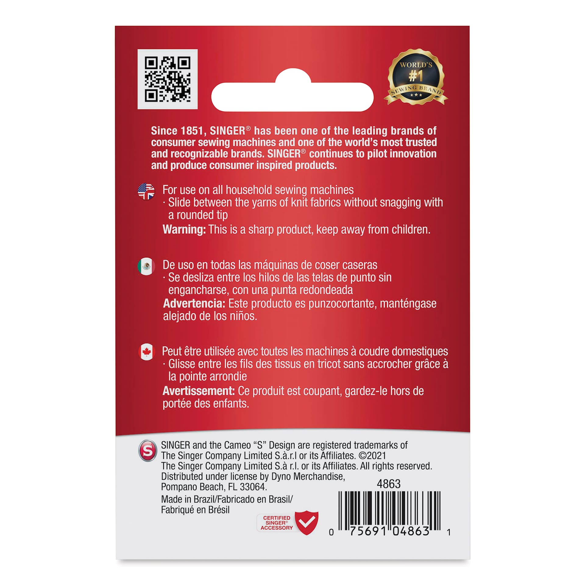Singer Sewing Machine Needles - Ball Point, Assorted, Pkg of 5, back of the packaging