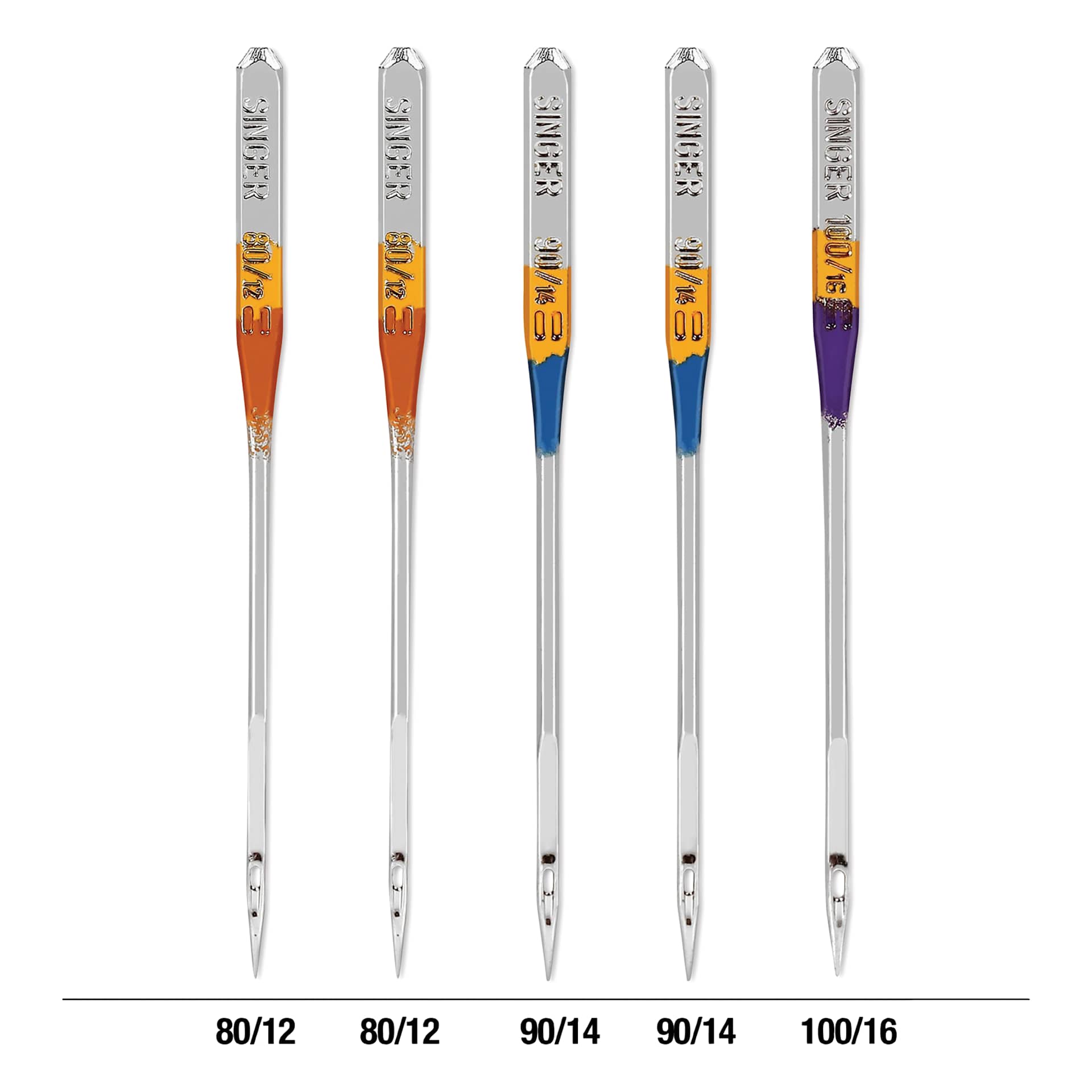 Singer Sewing Machine Needles - Ball Point, Assorted, Pkg of 5, displaying measurements