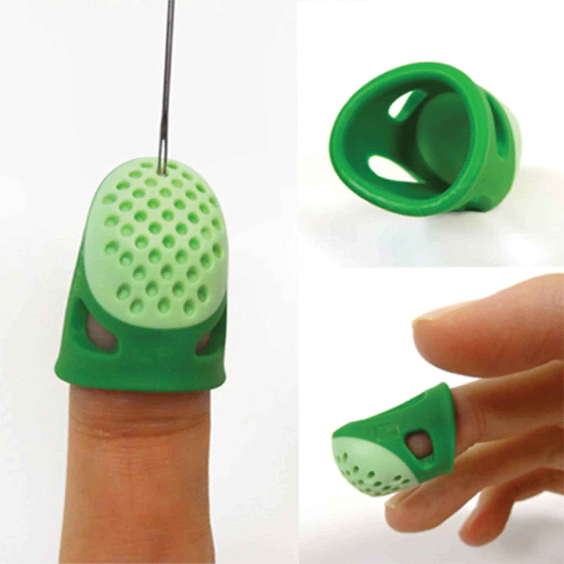 Dritz Soft Comfort Thimble - Large - on finger with needle, underside, on finger side view