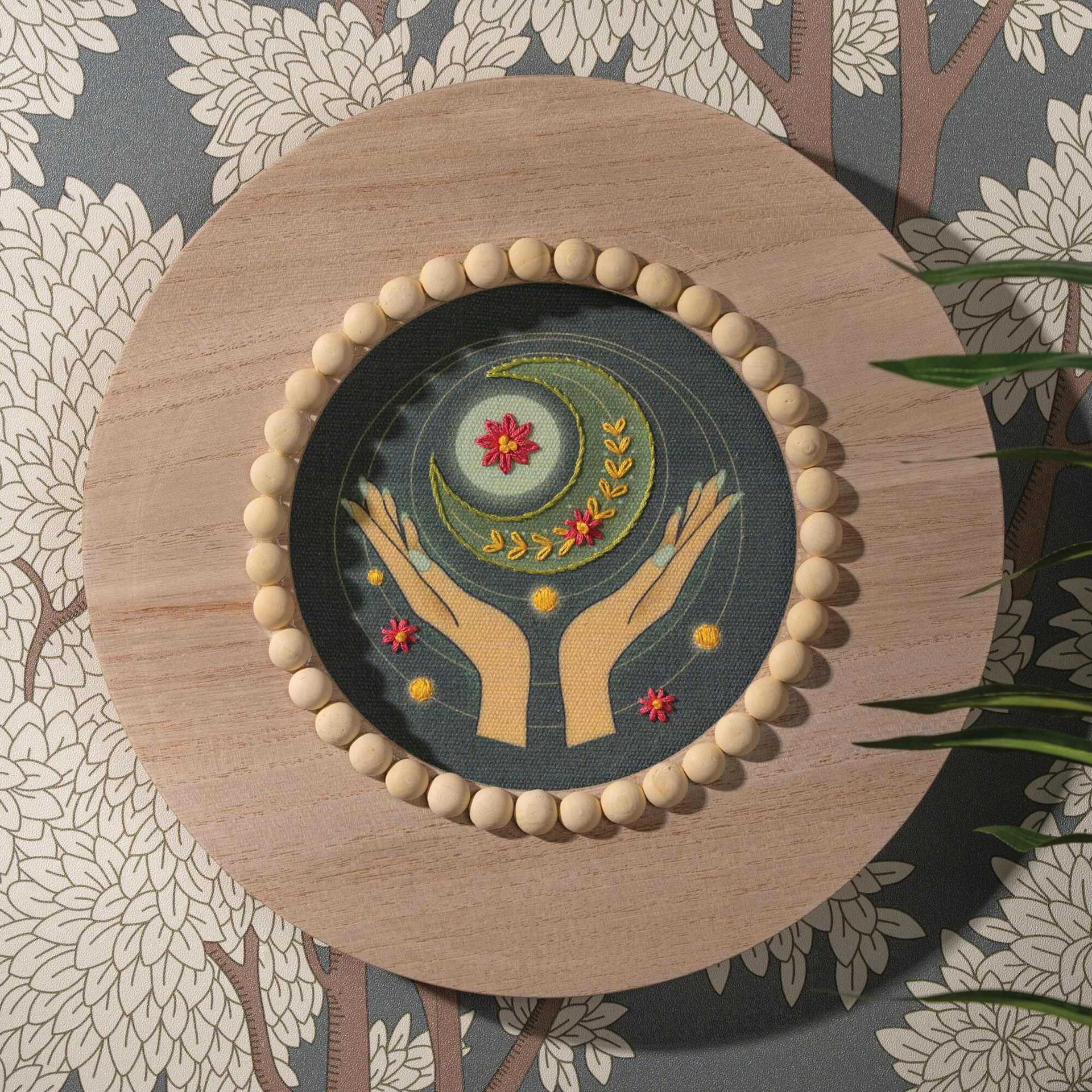Bucilla Mindful Stitching Stamped Embroidery Kit - Lunar Balance, 6" completed project mounted to wood