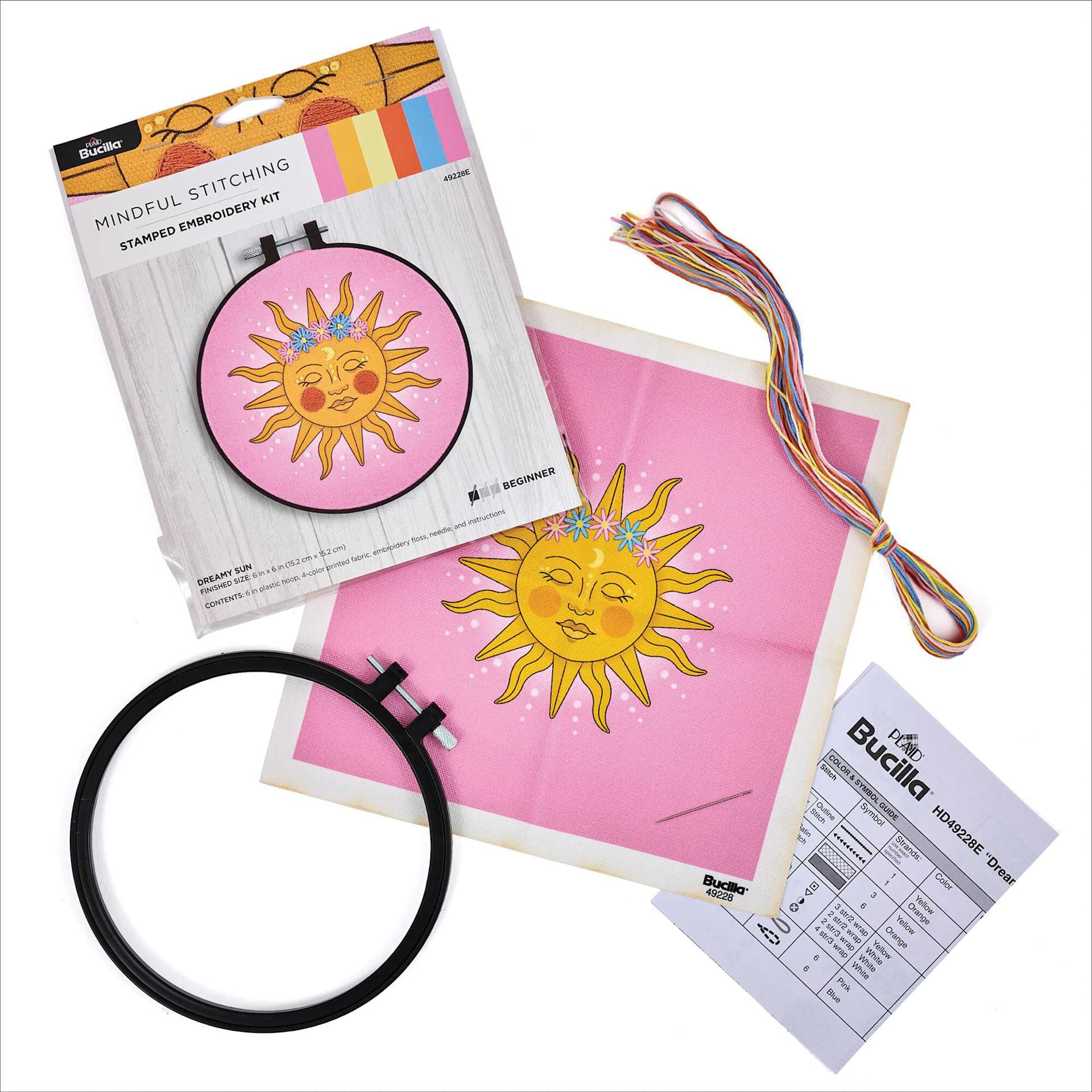 Bucilla Mindful Stitching Stamped Embroidery Kit - Dreamy Sun, 6" contents and packaging