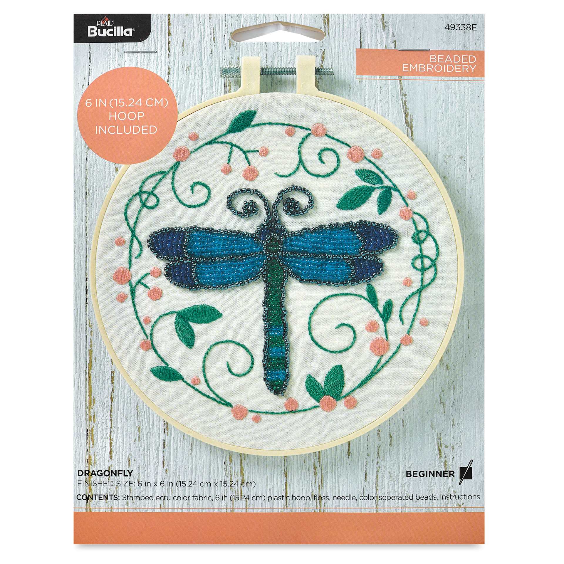 Bucilla Beaded Fabric Stamped Embroidery Kit - Dragonfly front of packaging