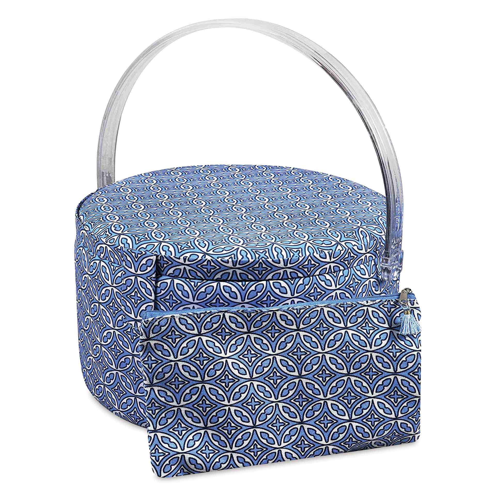 Singer Large Premium Round Sewing Basket - 11-1/2" D x 6-5/8" H, basket closed with pouch