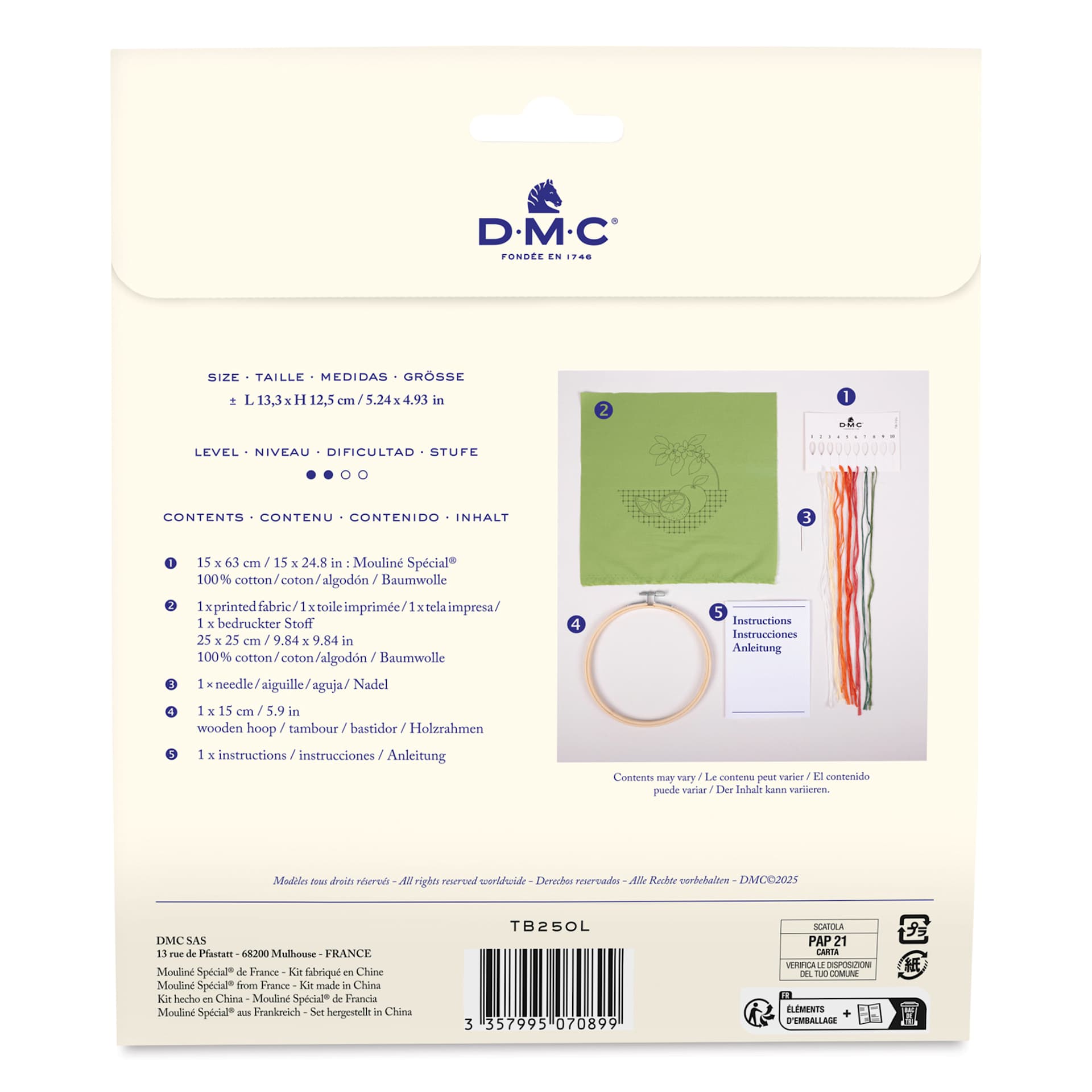 DMC Stitch Kit - Oranges, back of packaging