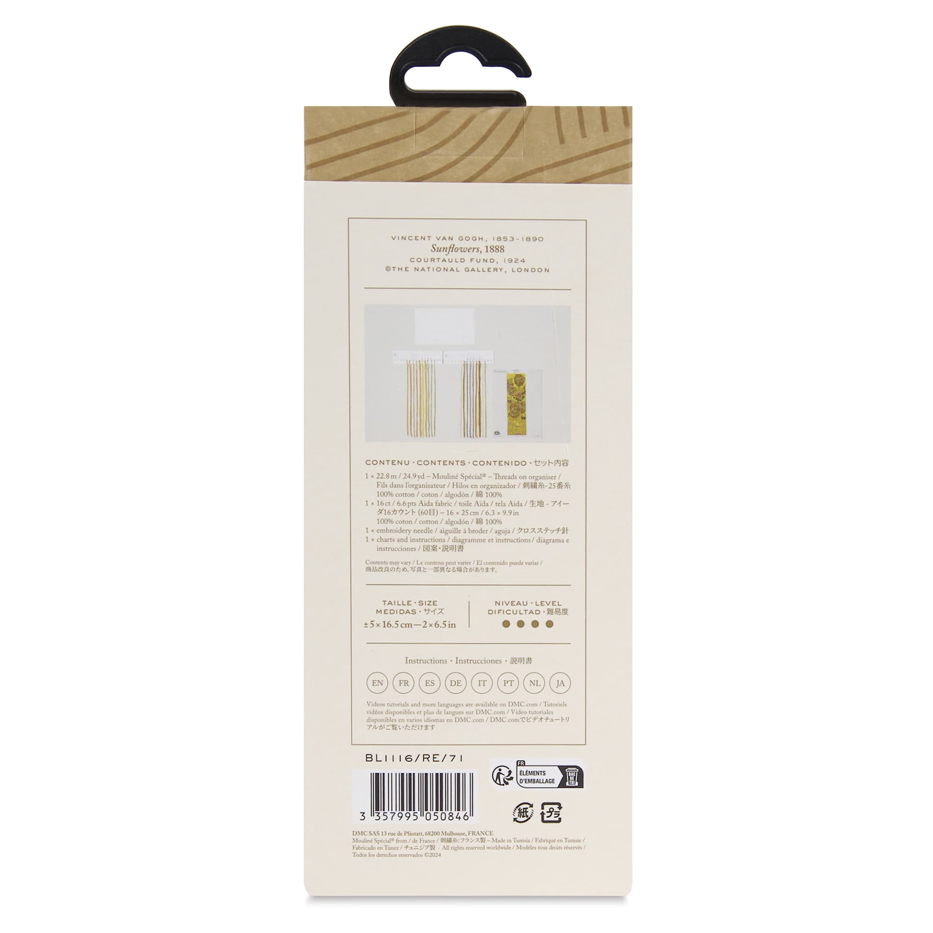 DMC The Masters Collection Cross Stitch Bookmark Kit - "Sunflowers" by Van Gogh - back of packaging
