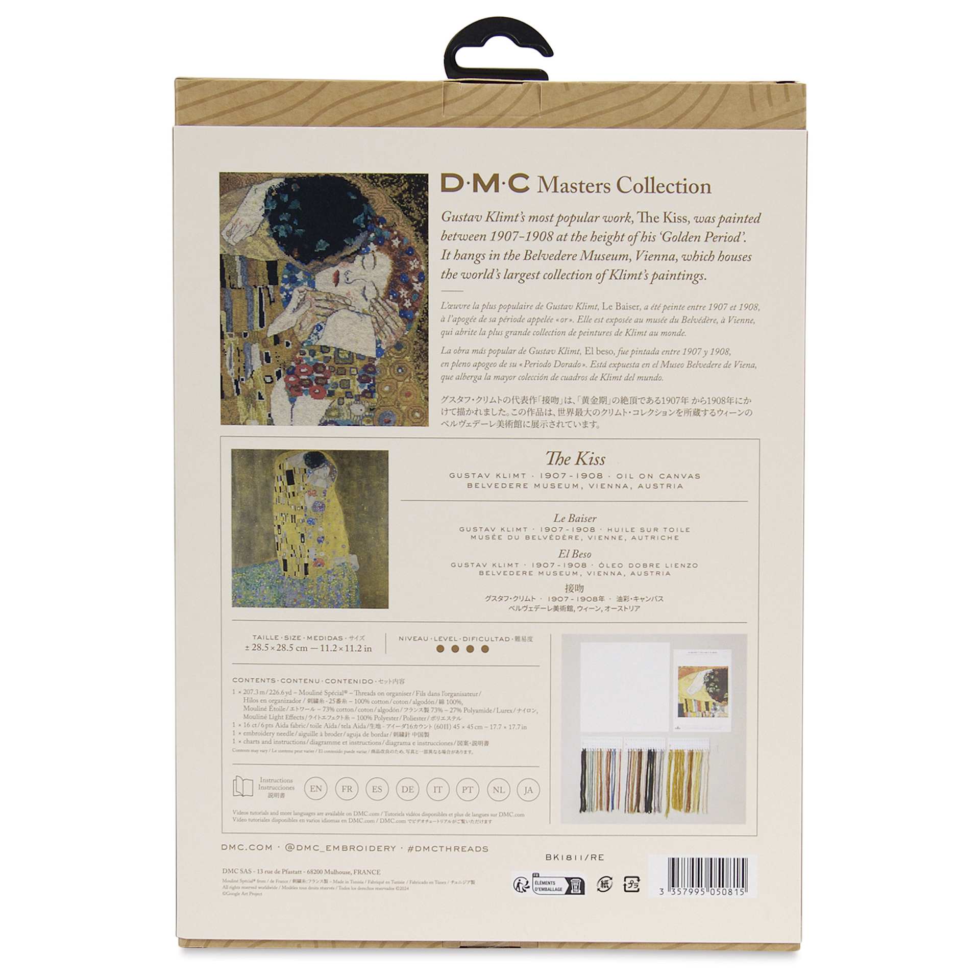 DMC The Masters Collection Cross Stitch Kit - “The Kiss” by Gustav Klimt, back of packaging
