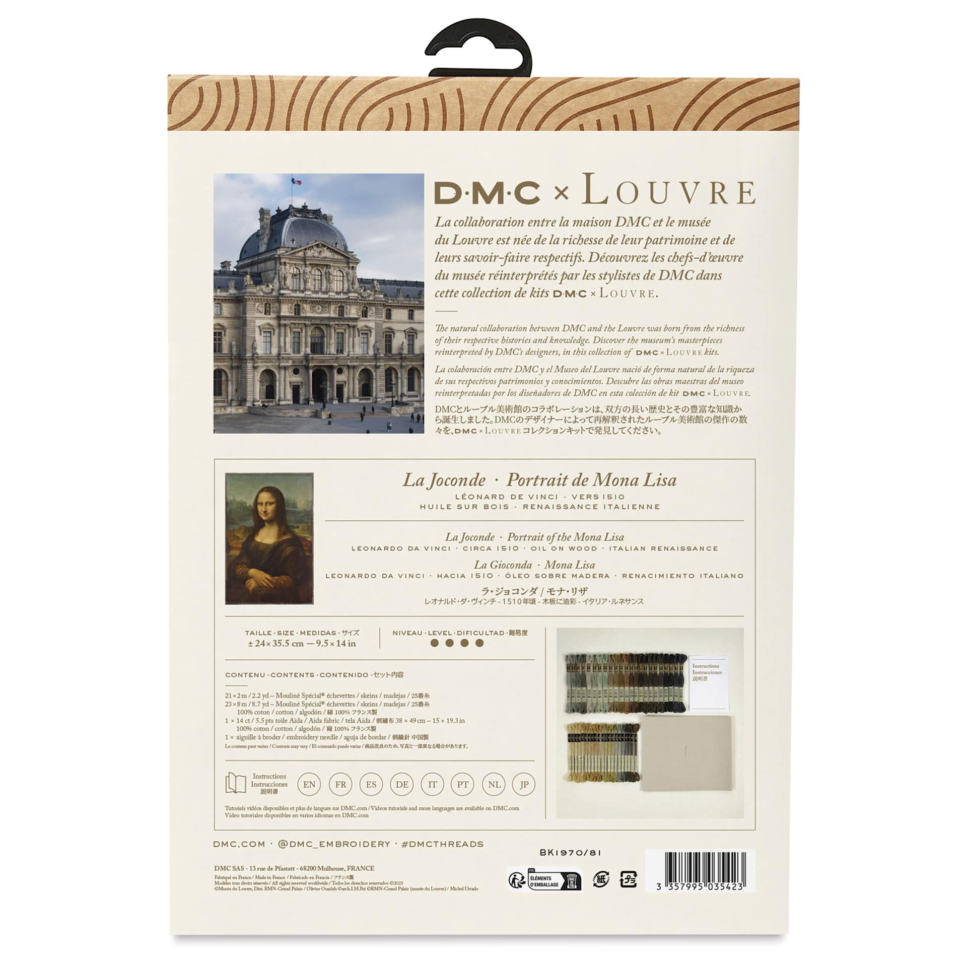 DMC The Masters Collection Cross Stitch Kit - “Mona Lisa” by Leonardo da Vinci, back of packaging