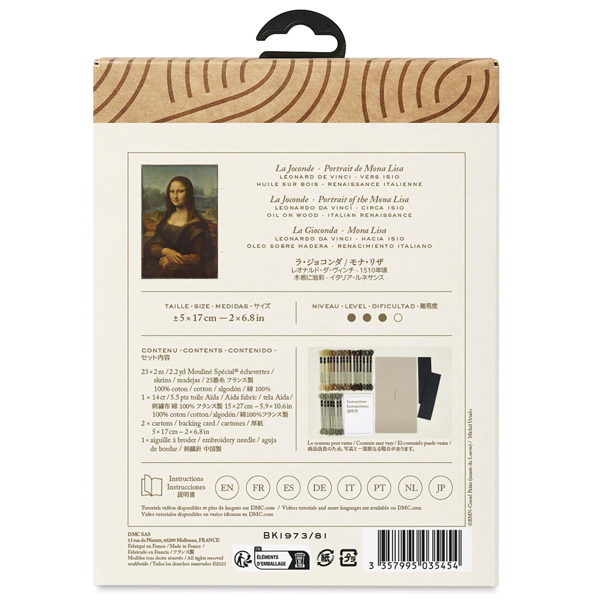 DMC The Masters Collection Cross Stitch Bookmark Kit - "Mona Lisa" by Da Vinci back of packaging