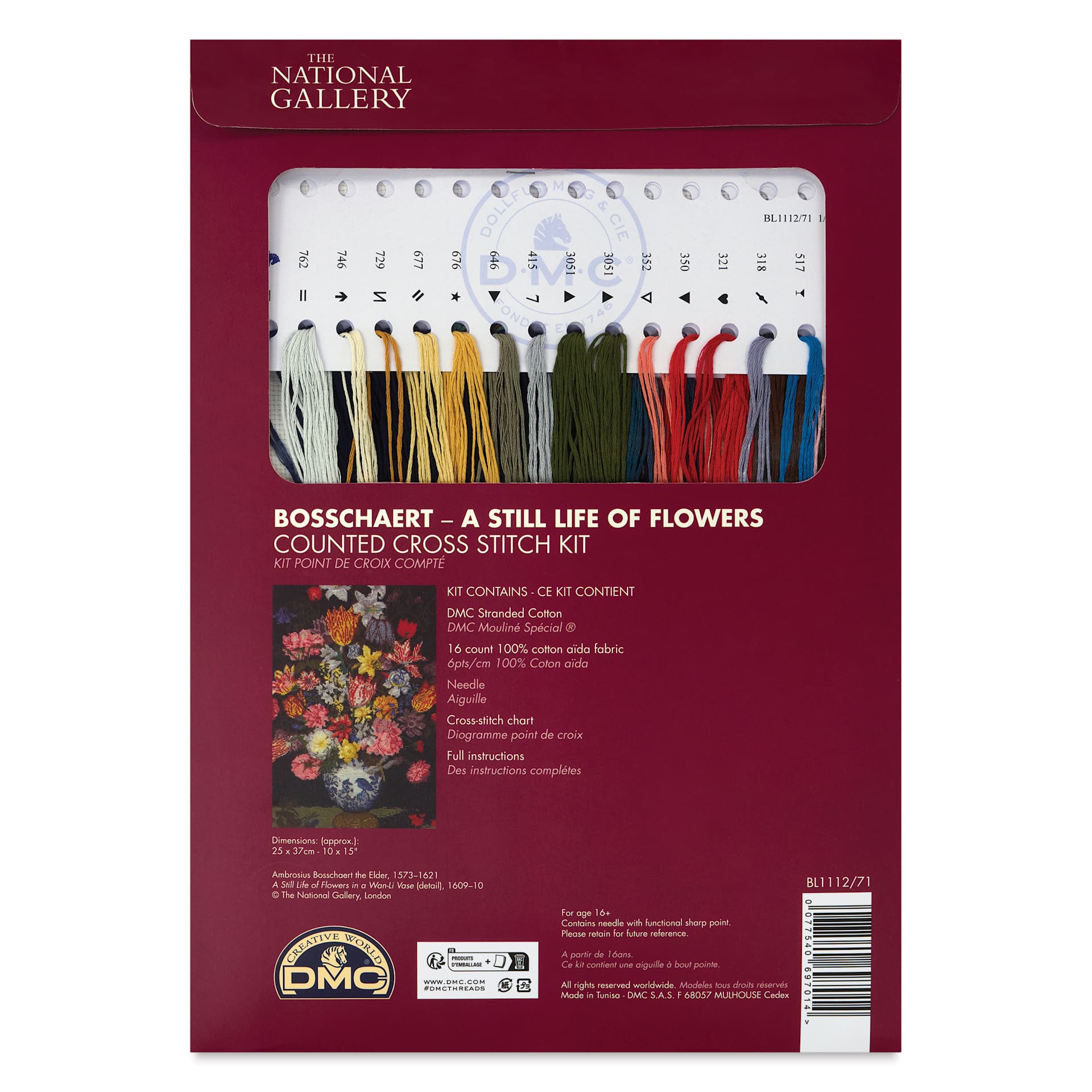 DMC The Masters Collection Cross Stitch Kit - “A Still Life of Flowers”, back of packaging