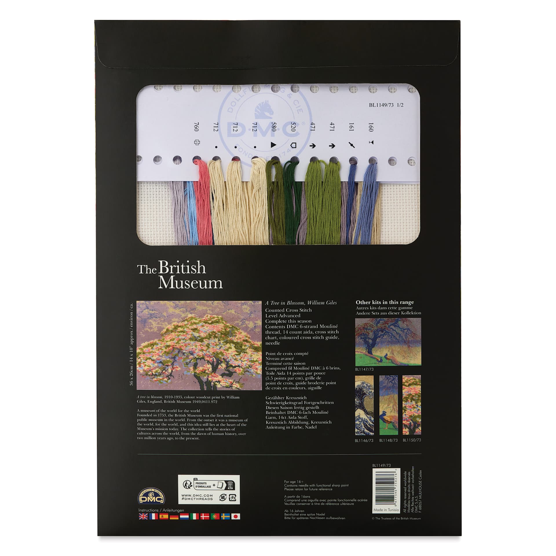 DMC The Masters Collection Cross Stitch Kit - "A Tree in Blossom” by William Giles, back of packaging