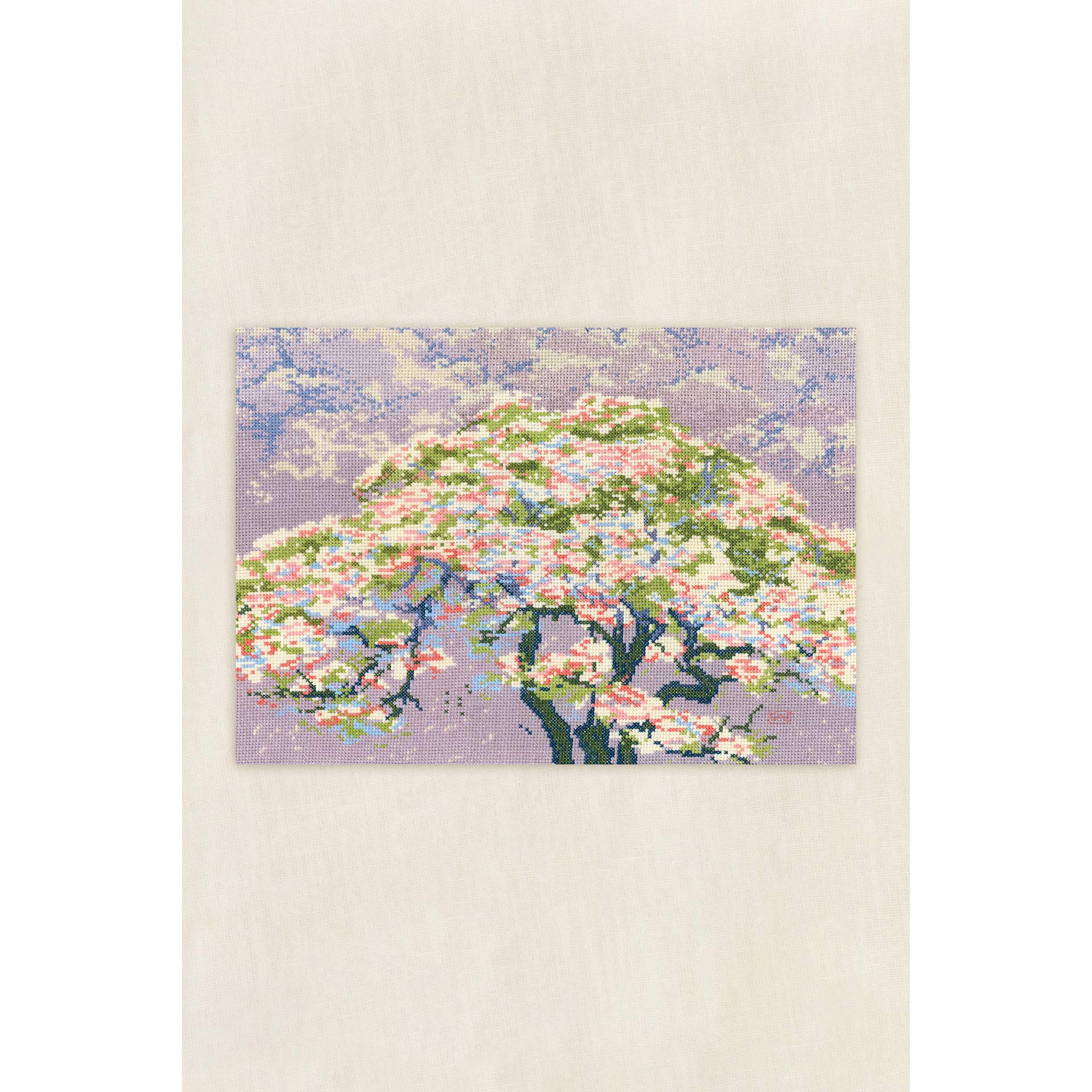 DMC The Masters Collection Cross Stitch Kit - "A Tree in Blossom” by William Giles, finished example