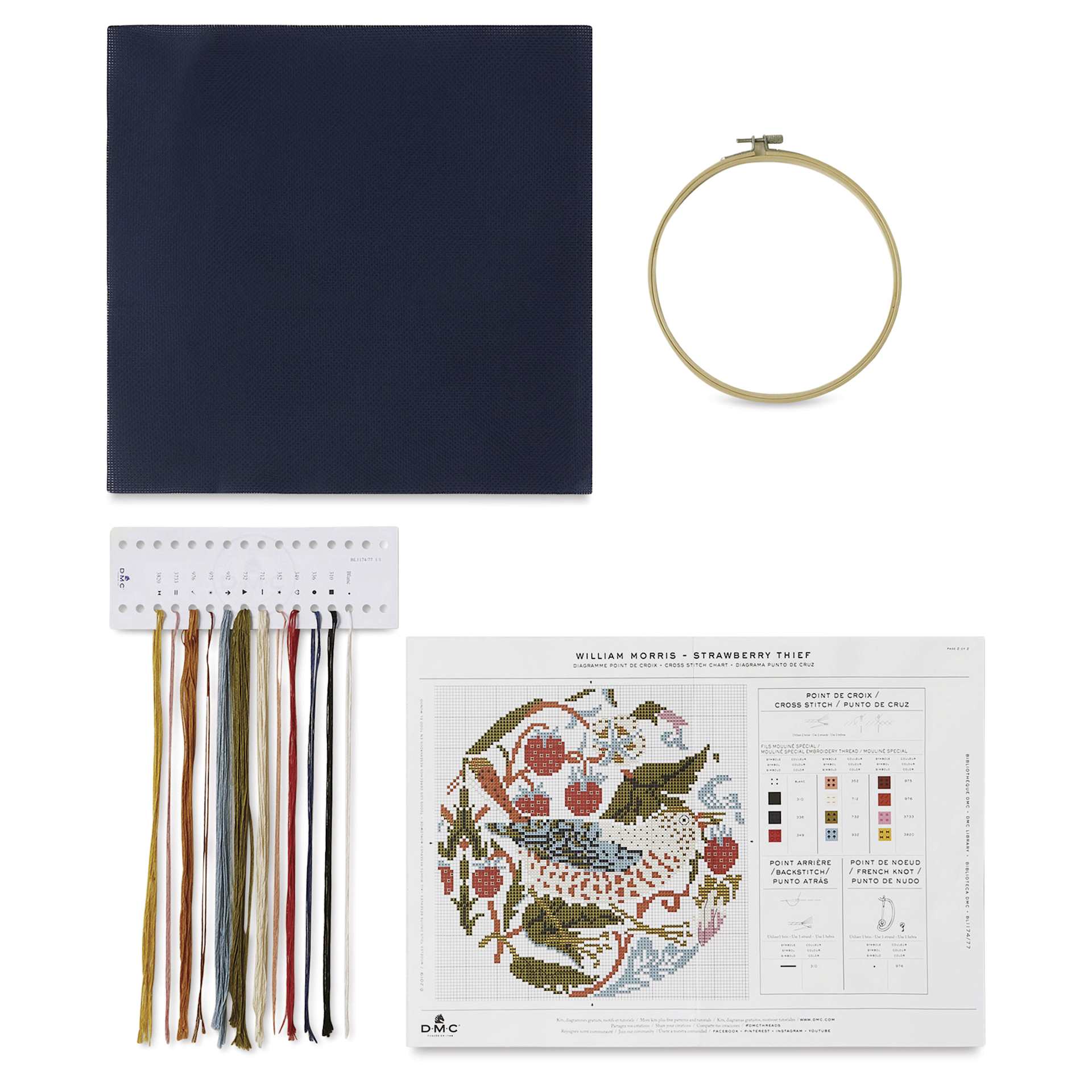 DMC The Masters Collection Cross Stitch Kit - “Strawberry Thief” by William Morris, kit contents