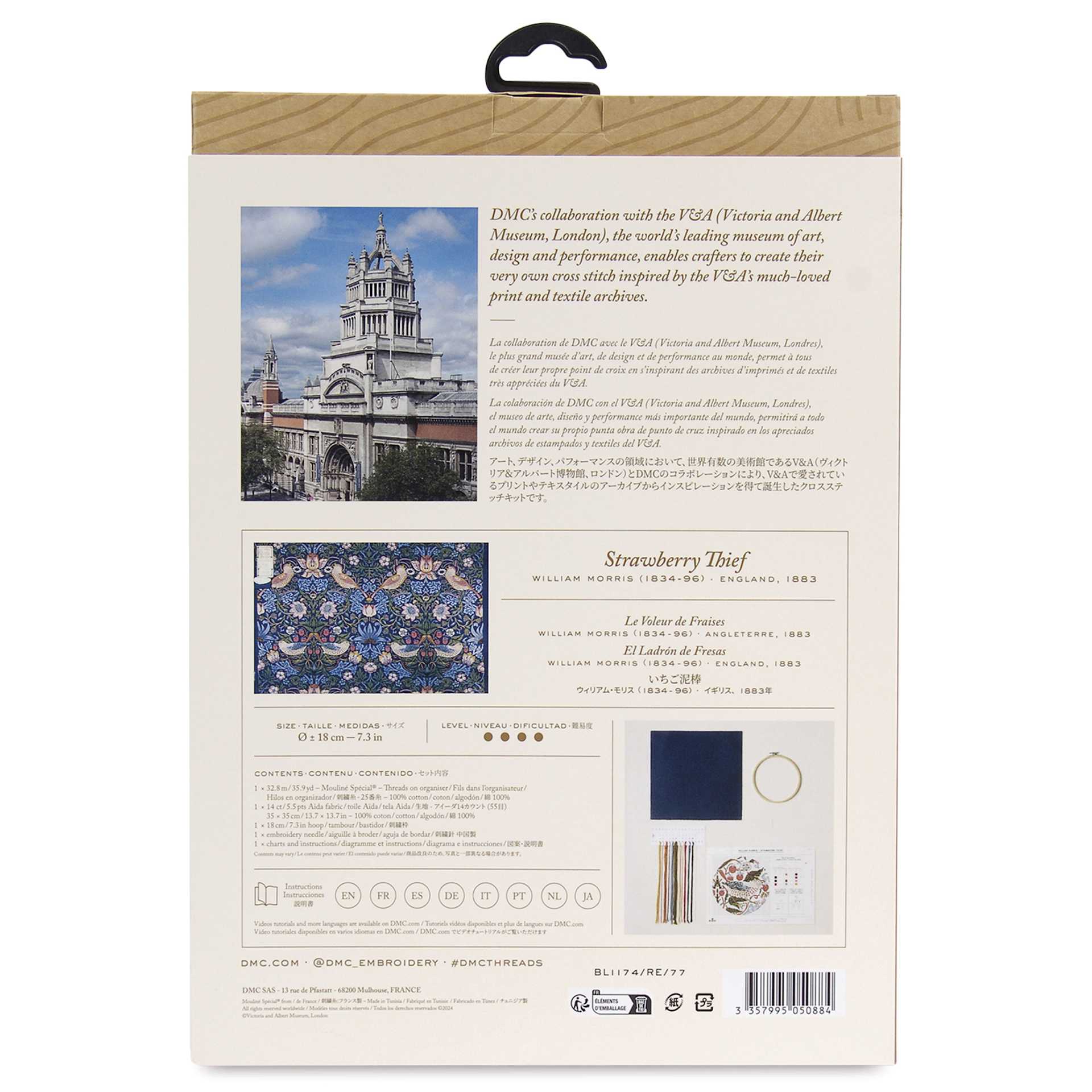 DMC The Masters Collection Cross Stitch Kit - “Strawberry Thief” by William Morris, back of packaging