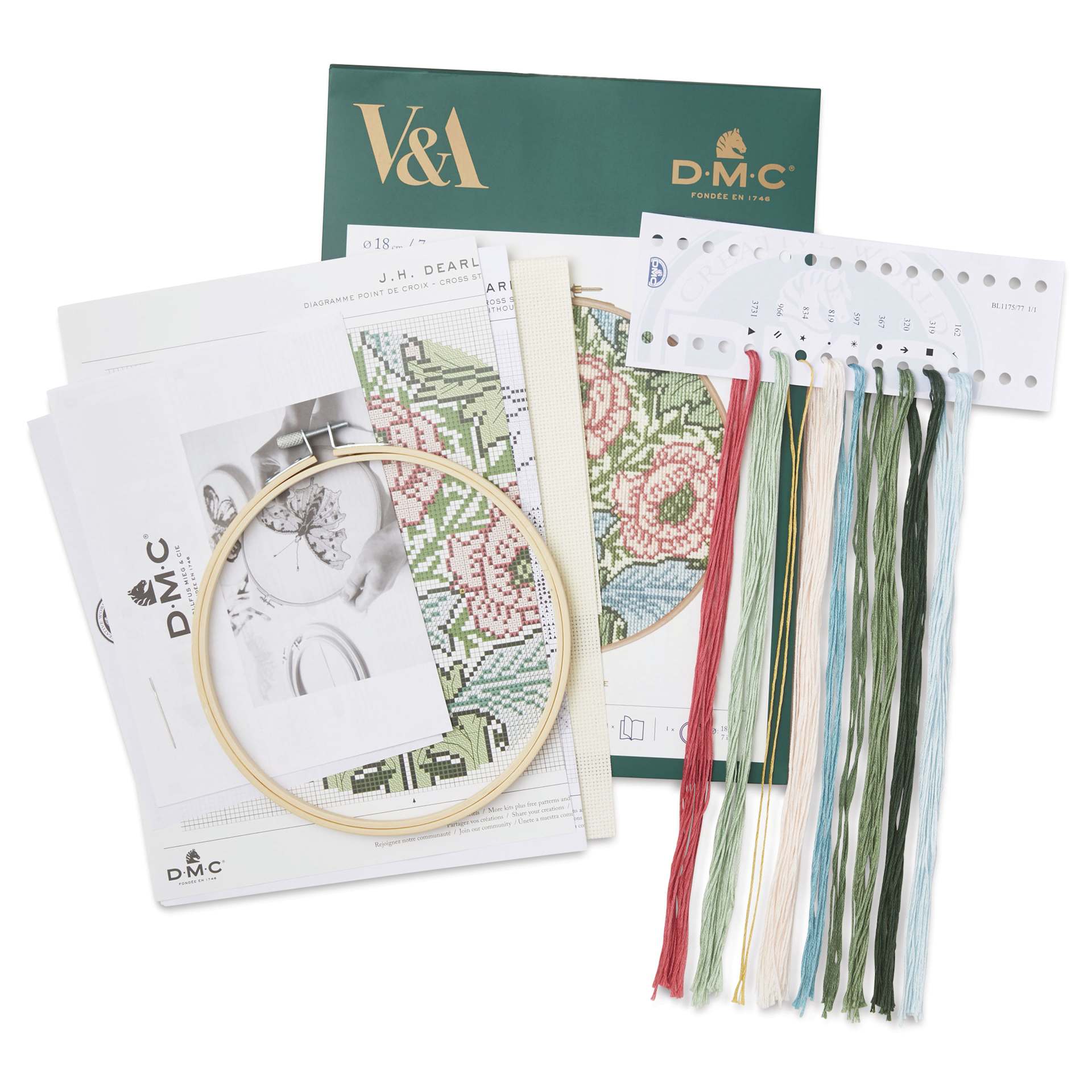 DMC The Masters Collection Cross Stitch Kit - “Myrtle” by J.H. Dearle, kit contents