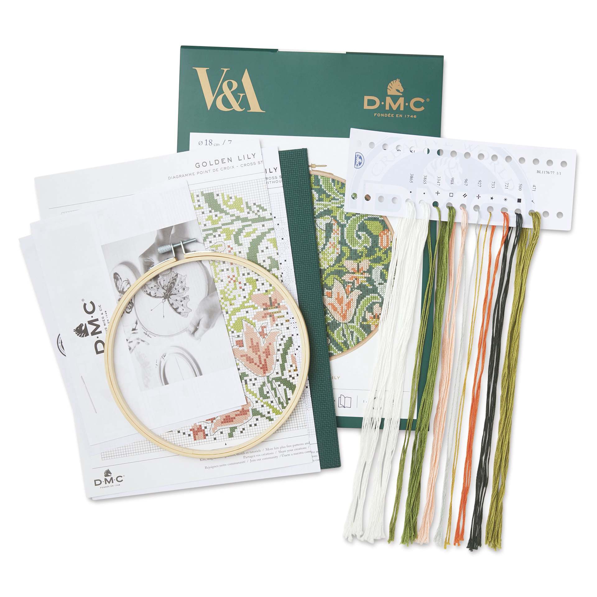 DMC The Masters Collection Cross Stitch Kit - “Golden Lily” by J.H. Dearle, kit contents