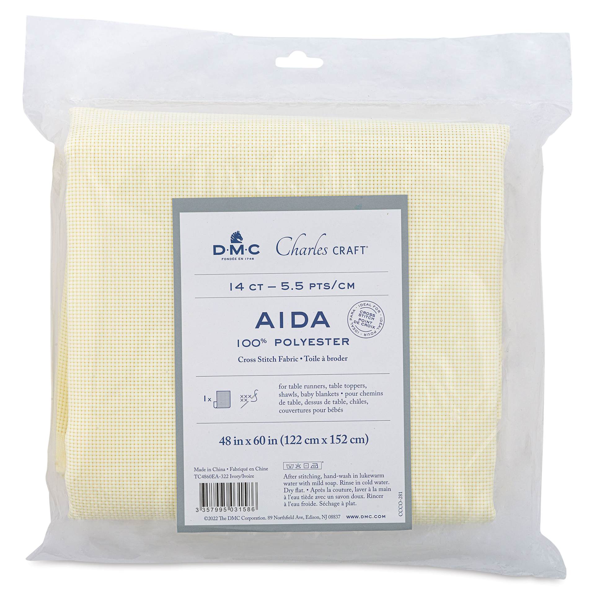 DMC Charles Craft Polyester Aida Fabric - Ivory, 14-count, 48" x 60" front of packaging
