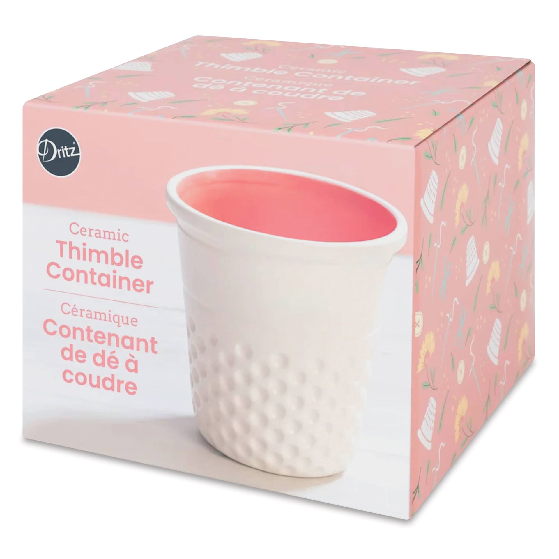 Dritz Ceramic Thimble Container - Coral - back of packaging