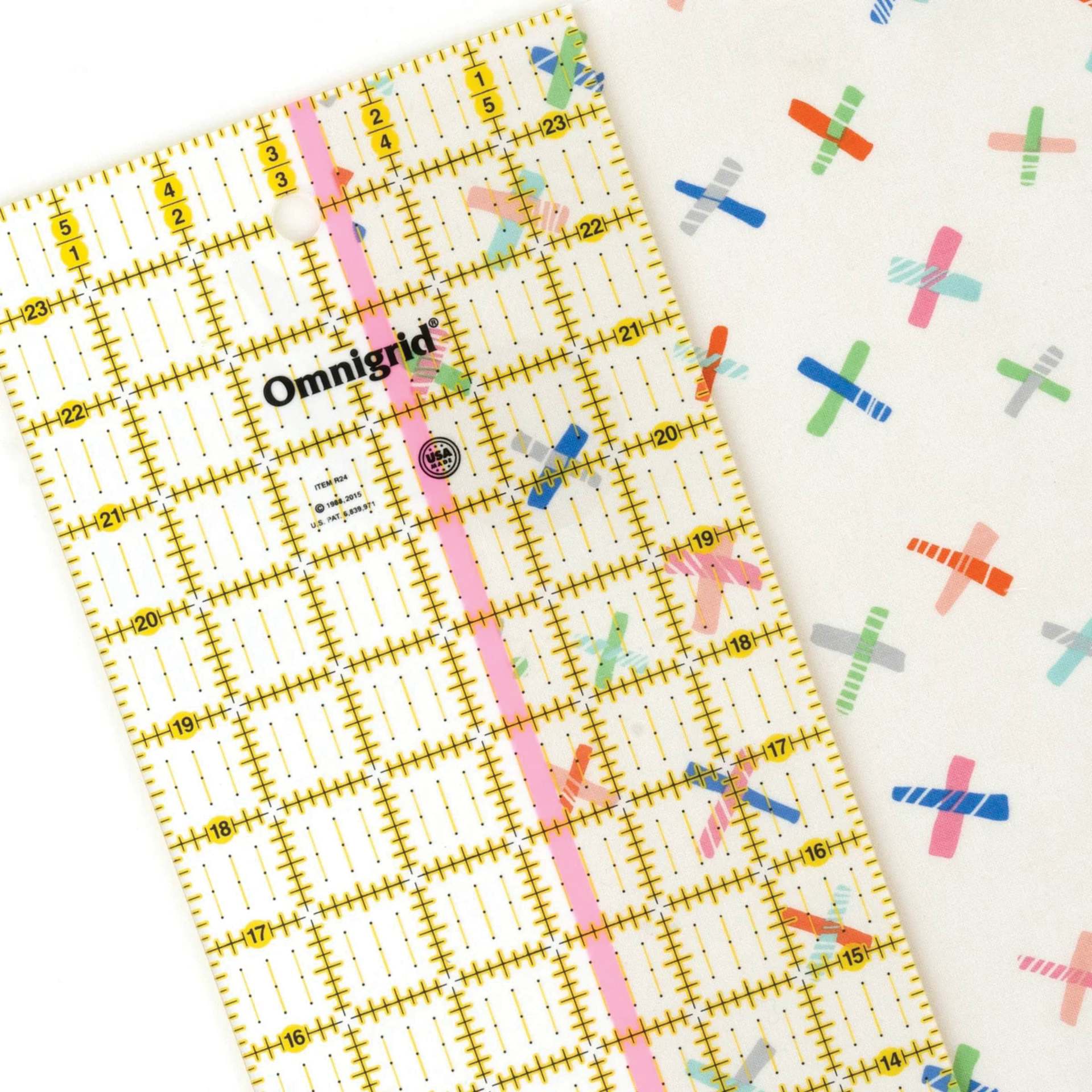 Omnigrid Glow-Line Tape - Set of 3 - in use on rectangle ruler (not included) to measure paper