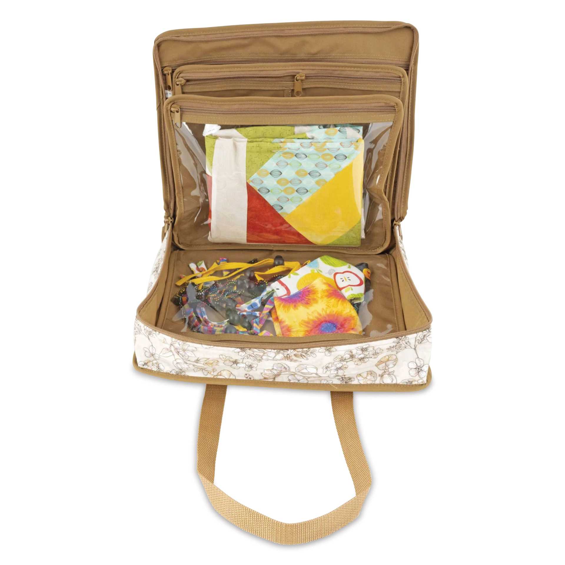Dritz All-Purpose Project Organizer Bag - Beige Floral - open and holding materials (not included)