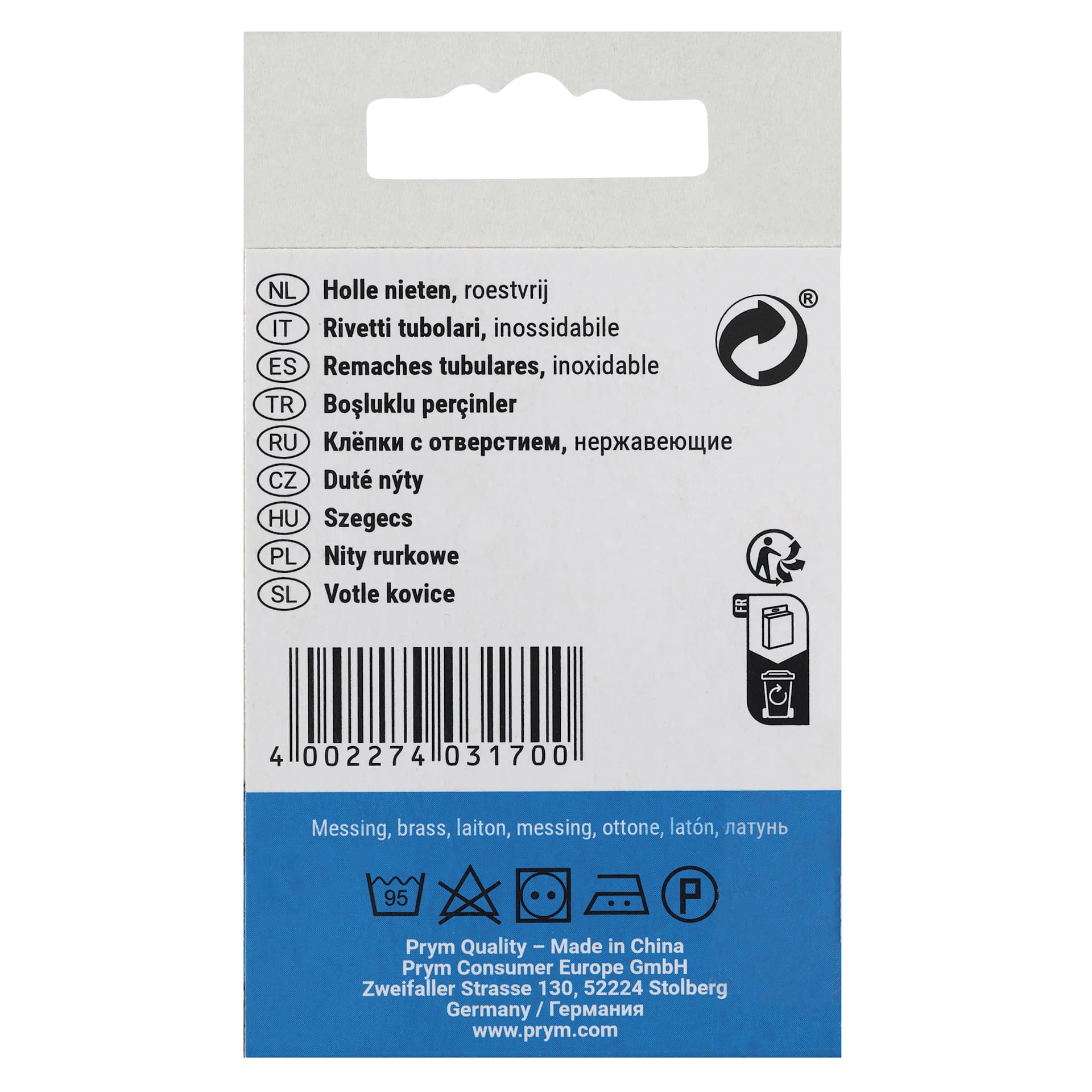 Prym Vario Creative Tubular Rivets - 3 - 4 mm Thick Fabric, Pkg of 25, 7.5 mm Dia. - back of packaging