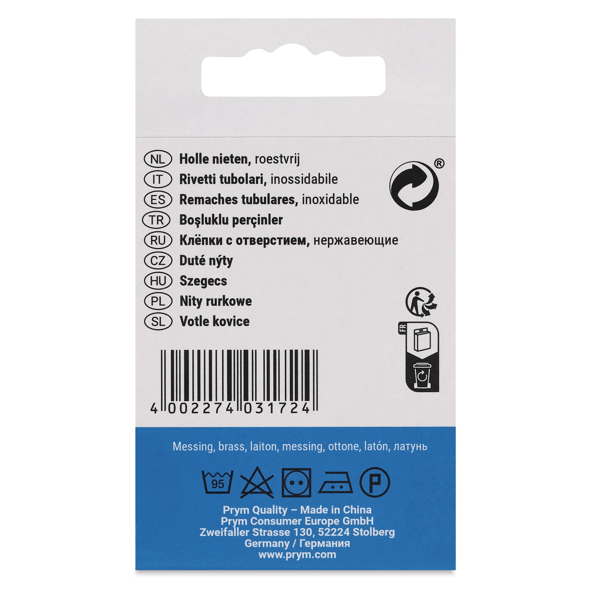 Prym Vario Creative Tubular Rivets - 4 - 6 mm Thick Fabric, Pkg of 20, 9 mm Dia. - back of packaging
