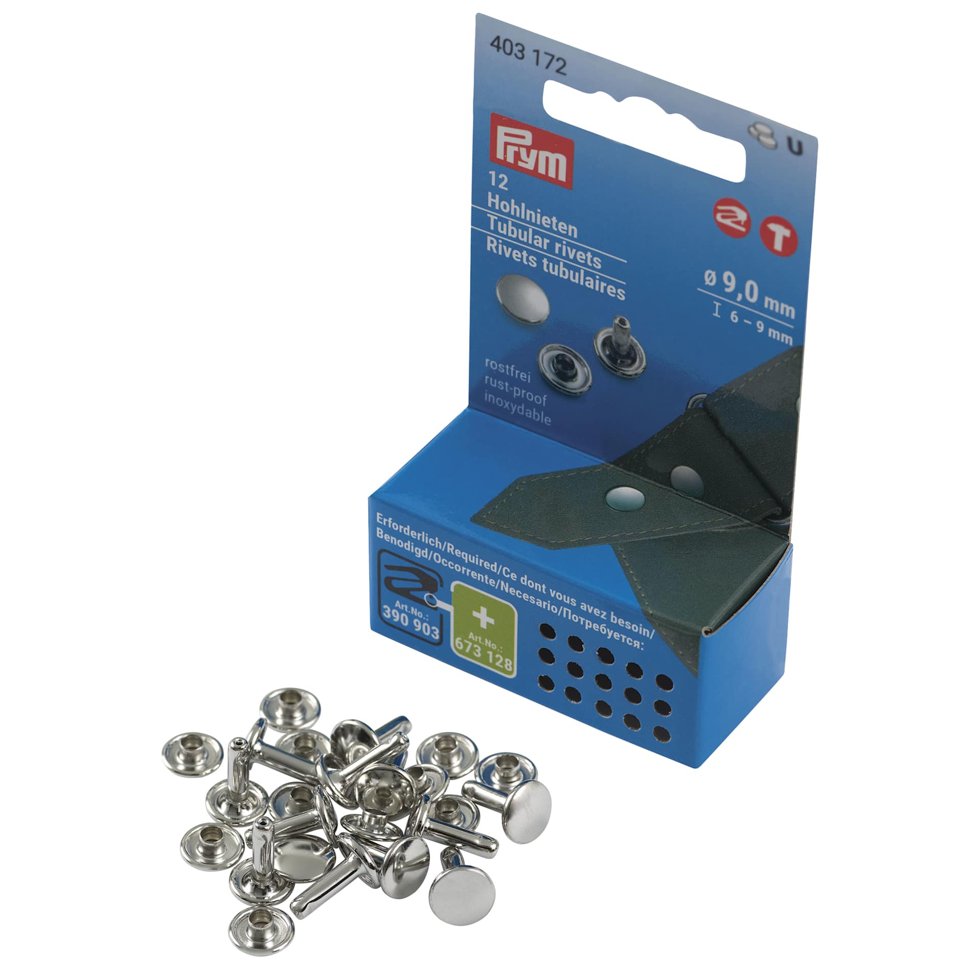 Prym Vario Creative Tubular Rivets - 4 - 6 mm Thick Fabric, Pkg of 20, 9 mm Dia. - packaging and contents