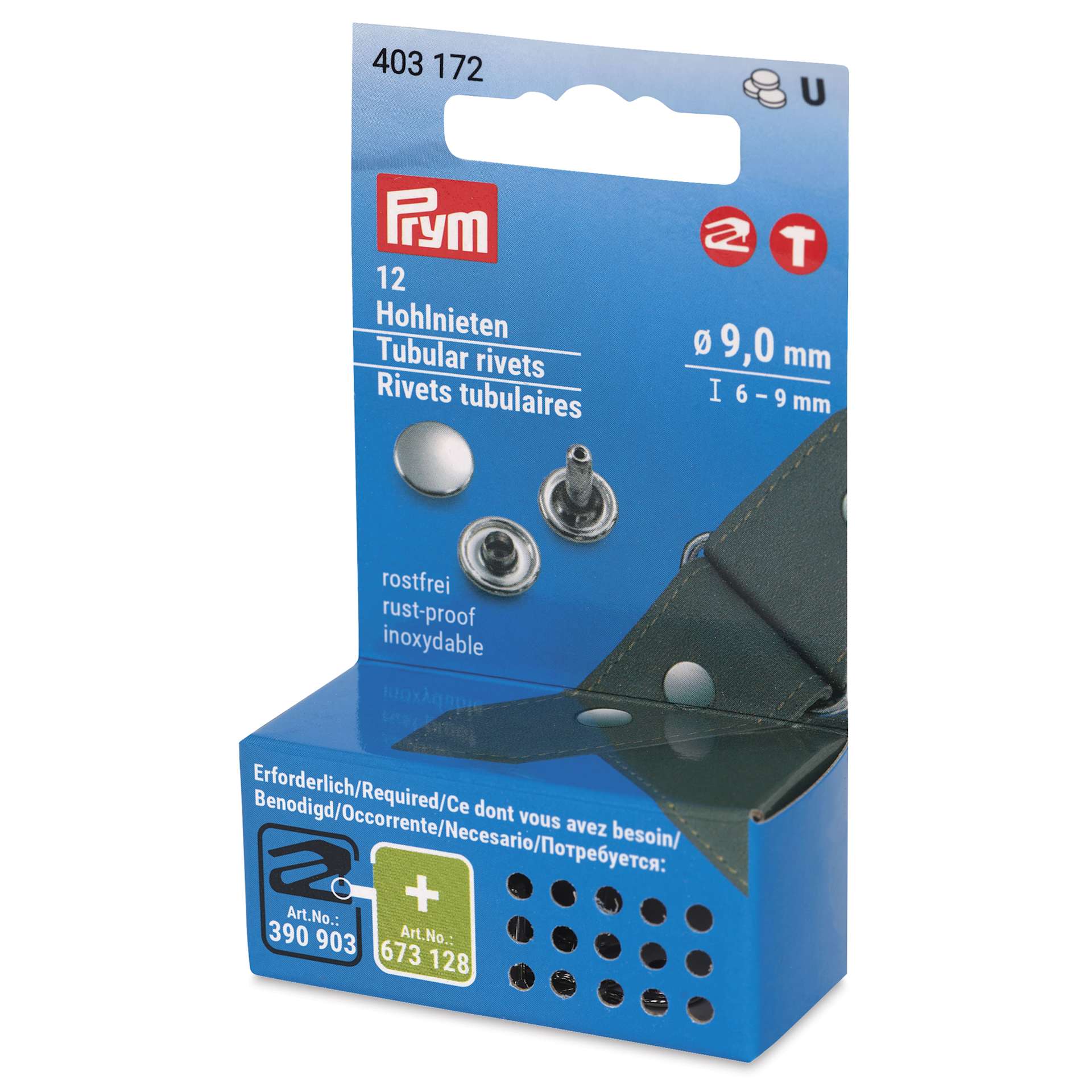Prym Vario Creative Tubular Rivets - 4 - 6 mm Thick Fabric, Pkg of 20, 9 mm Dia. - front of packaging, angled view