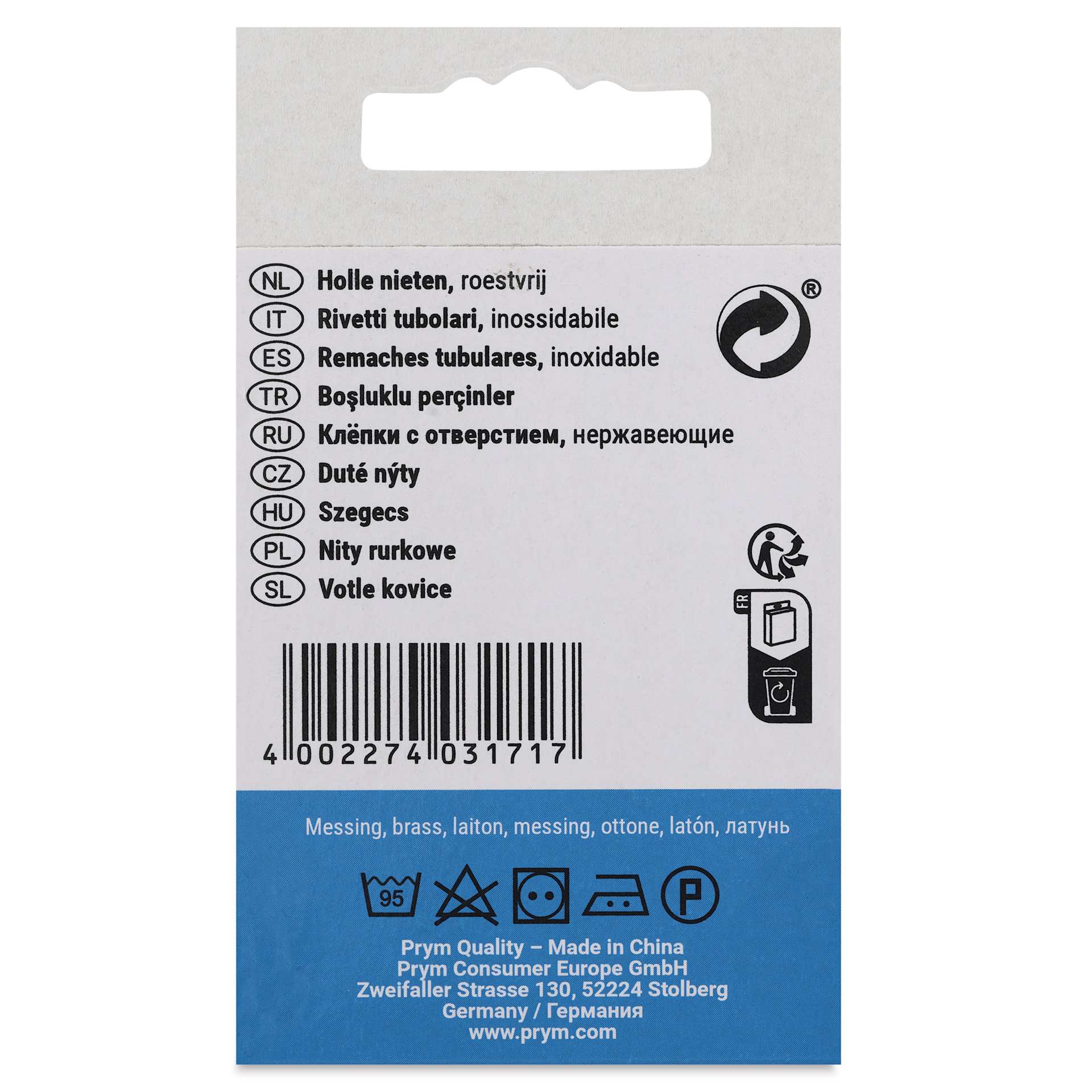 Prym Vario Creative Tubular Rivets - 6 - 9 mm Thick Fabric, Pkg of 12, 9 mm Dia. - back of packaging