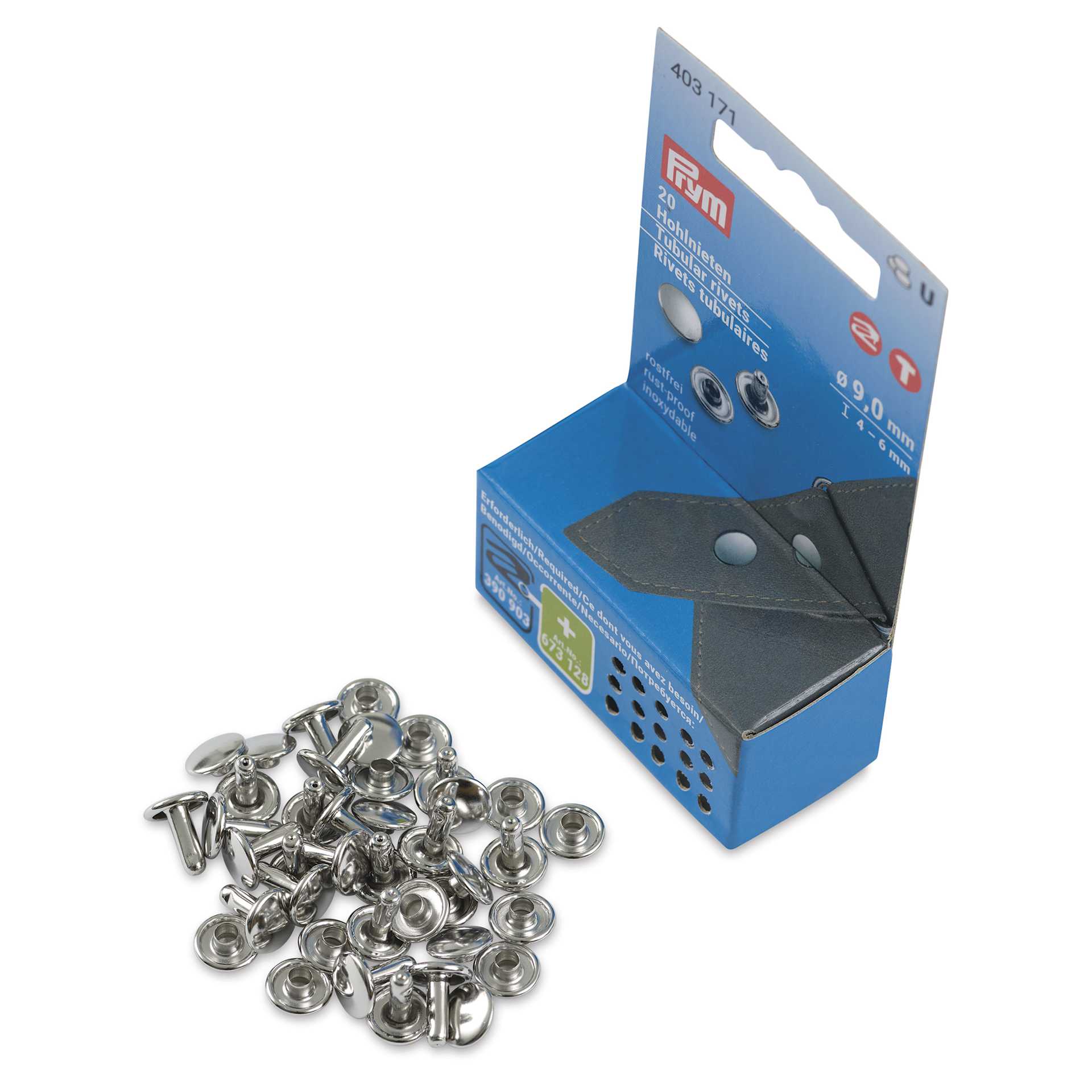 Prym Vario Creative Tubular Rivets - 6 - 9 mm Thick Fabric, Pkg of 12, 9 mm Dia. - packaging and contents