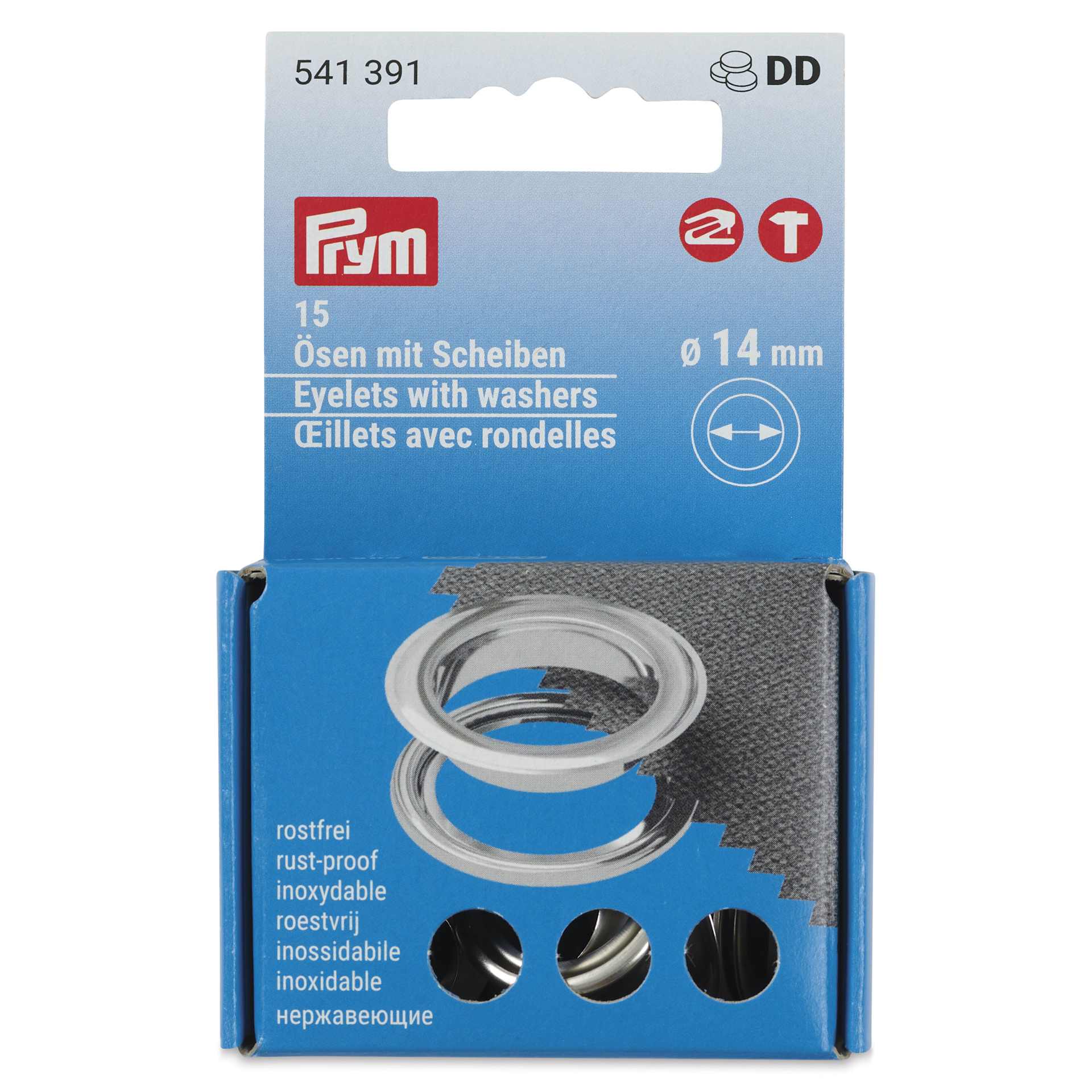 Prym Vario Creative Eyelets with Washers - Pkg of 15, Silver, 14 mm Dia. - front of packaging