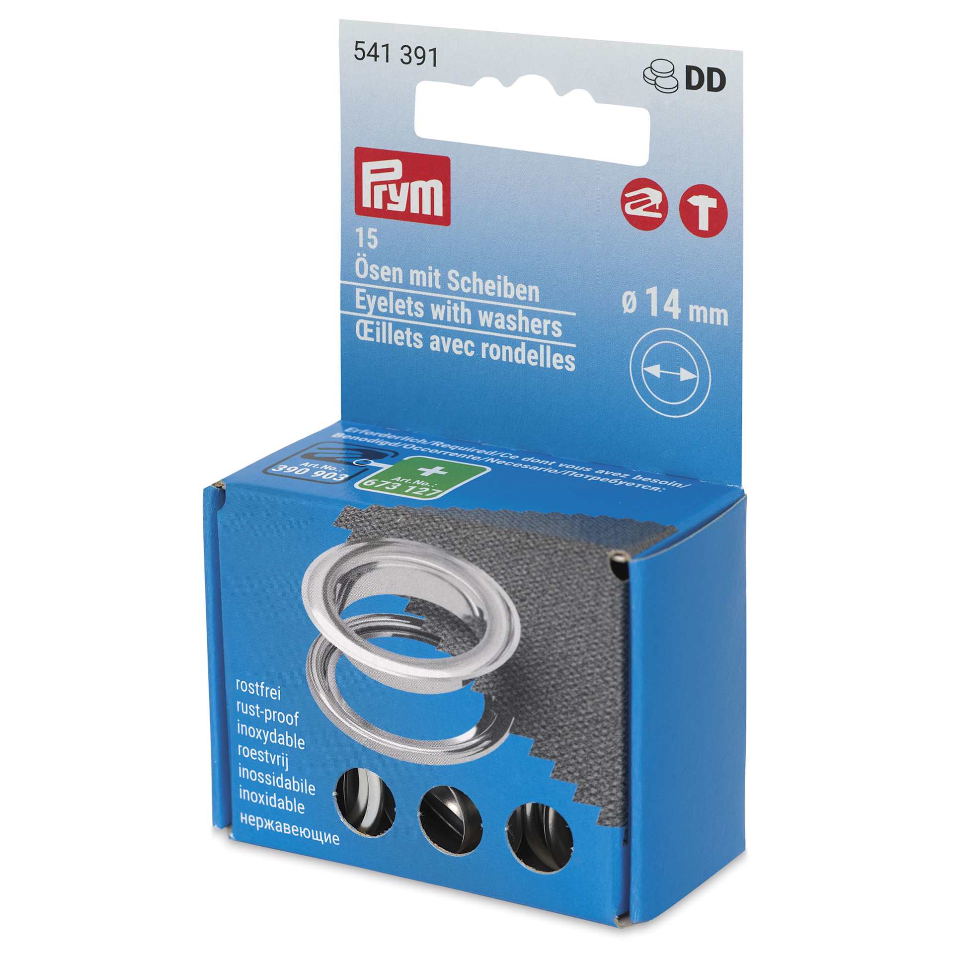 Prym Vario Creative Eyelets with Washers - Pkg of 15, Silver, 14 mm Dia. - front of packaging, angled left