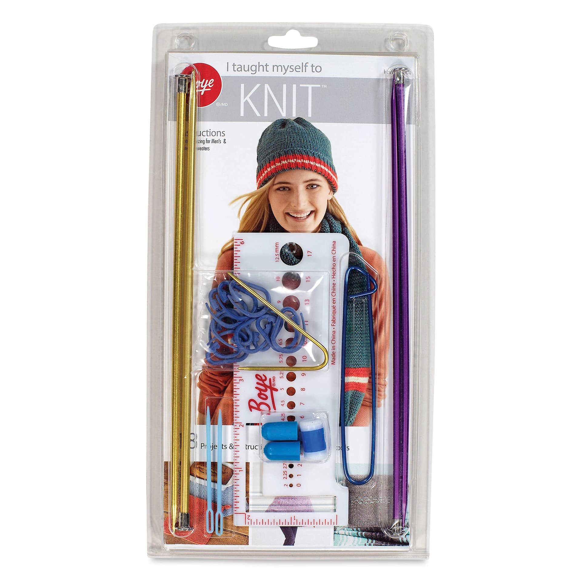 Boye I Taught Myself to Knit Kit - Set of 23 - front of packaging