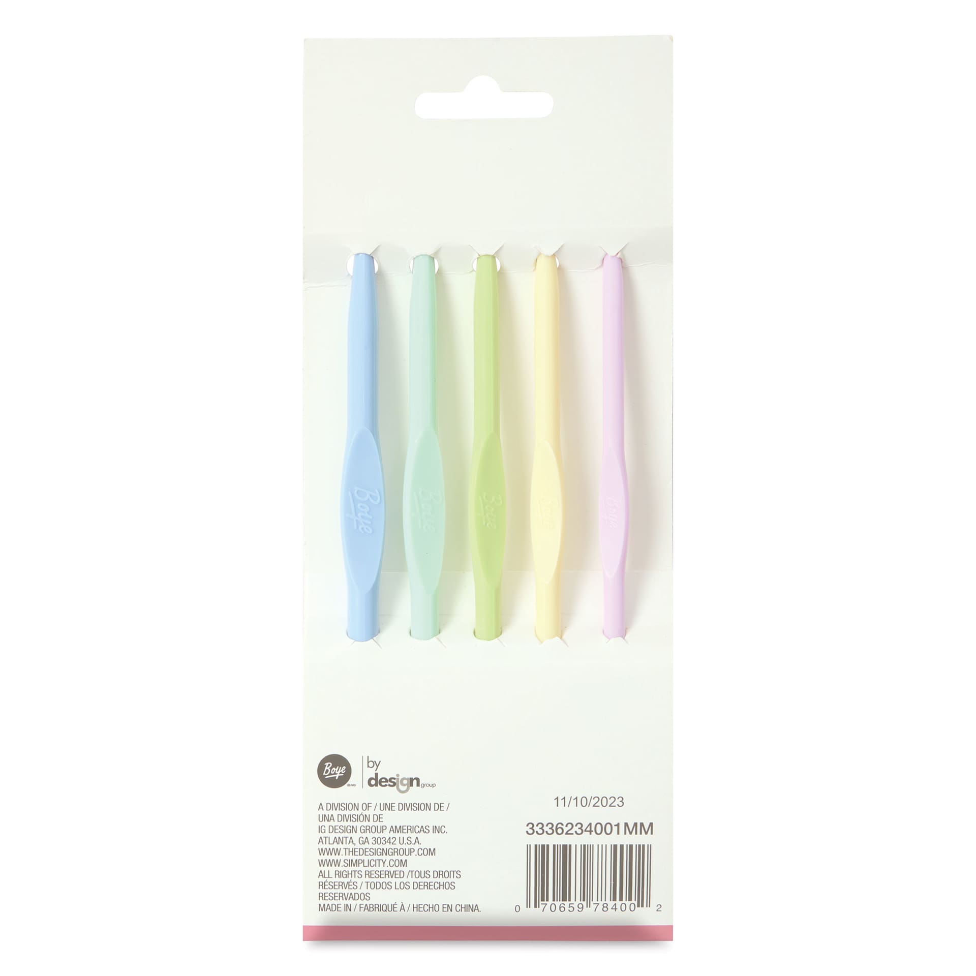 Boye Plastic Crochet Hook - Set of 5, US G/H/I/J/K - back of packaging